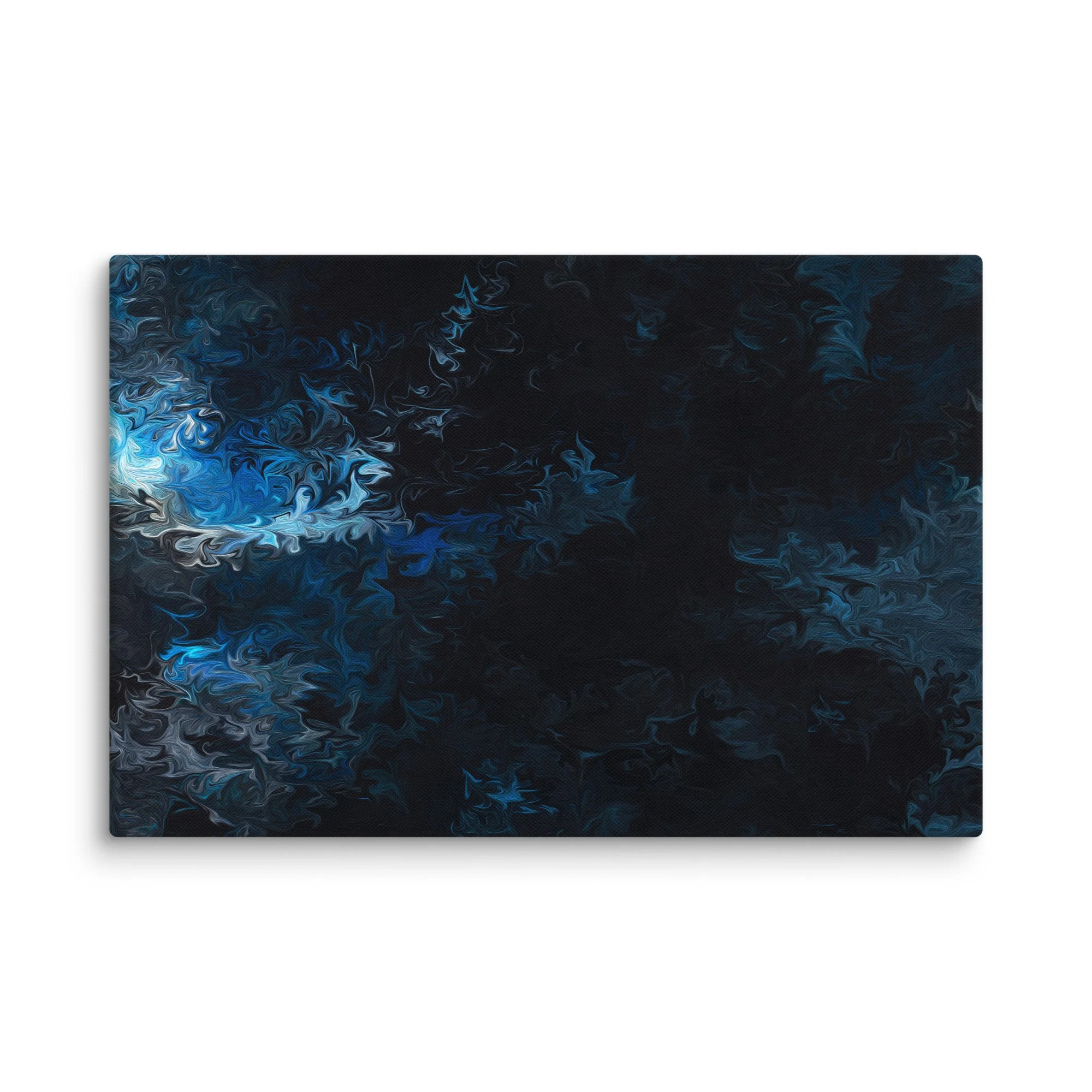 Psychedelic abstract canvas print with ethereal blue turquoise swirls nebula on deep black background, cosmic serene wall art