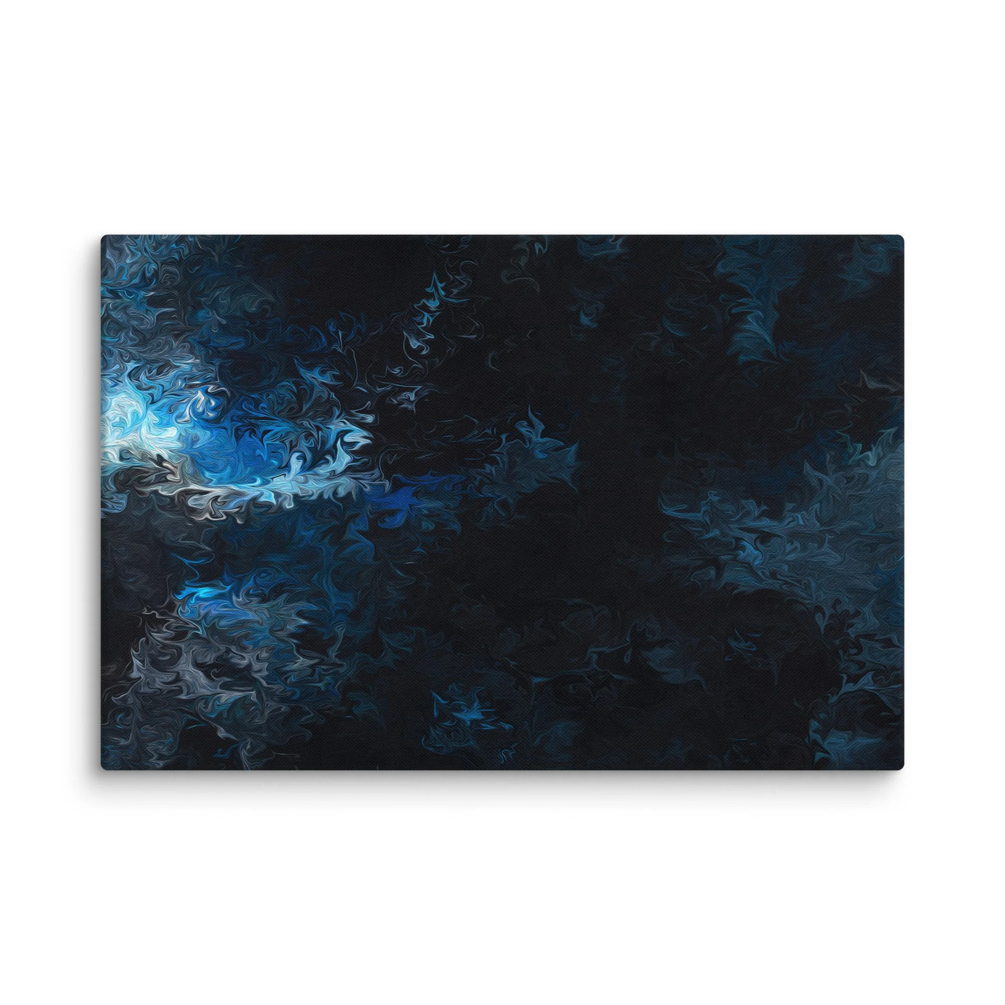 Psychedelic abstract canvas print with ethereal blue turquoise swirls nebula on deep black background, cosmic serene wall art