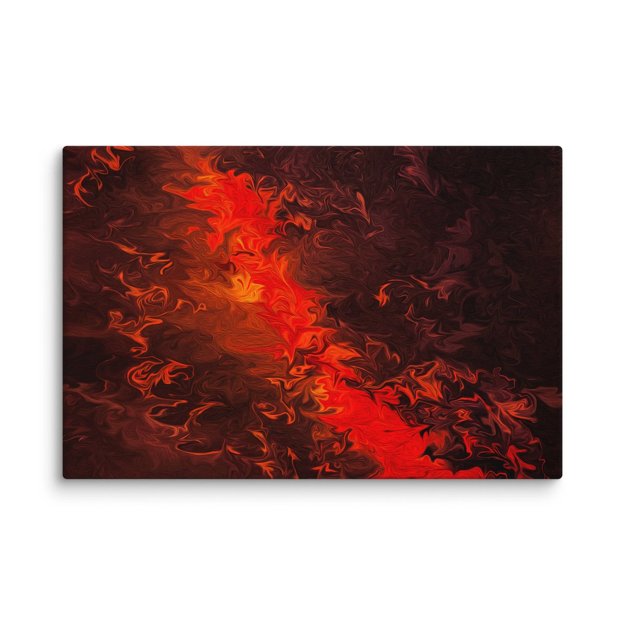Psychedelic abstract canvas print with fiery red orange yellow fluid swirls vortex on dark background, maximalist intense wall art