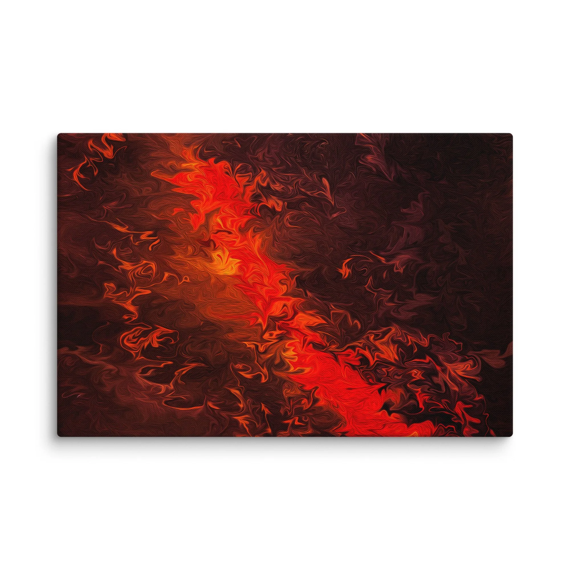 Psychedelic abstract canvas print with fiery red orange yellow fluid swirls vortex on dark background, maximalist intense wall art