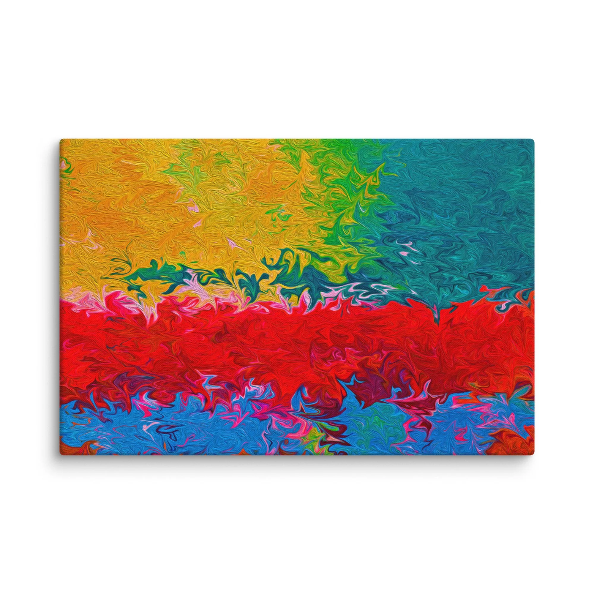 Psychedelic abstract canvas print with vibrant rainbow fluid marbling yellow green blue red pink, maximalist colorful horizon wall art