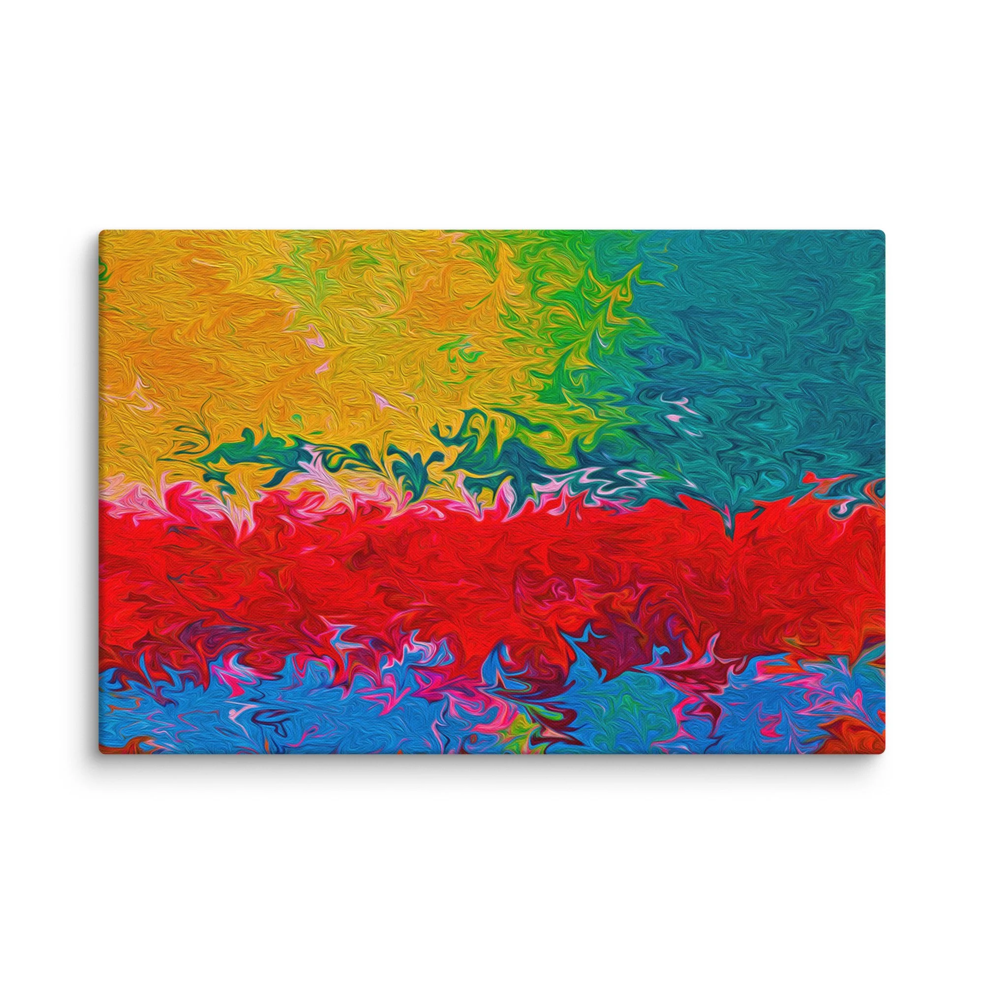 Psychedelic abstract canvas print with vibrant rainbow fluid marbling yellow green blue red pink, maximalist colorful horizon wall art