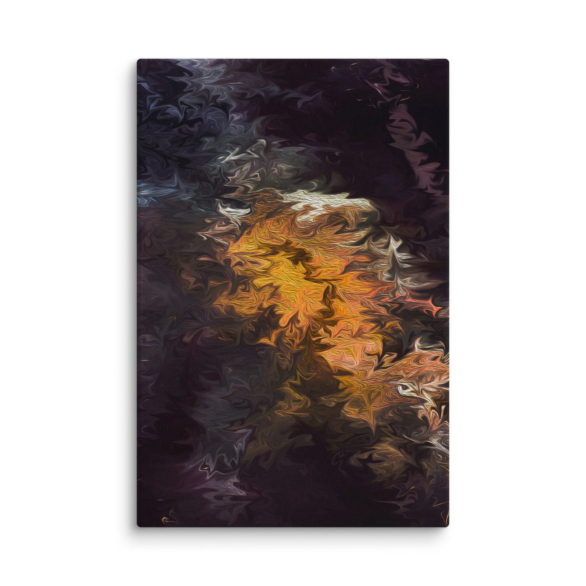 Psychedelic abstract canvas print with glowing golden amber orange core swirling on deep black purple background, cosmic ethereal wall art