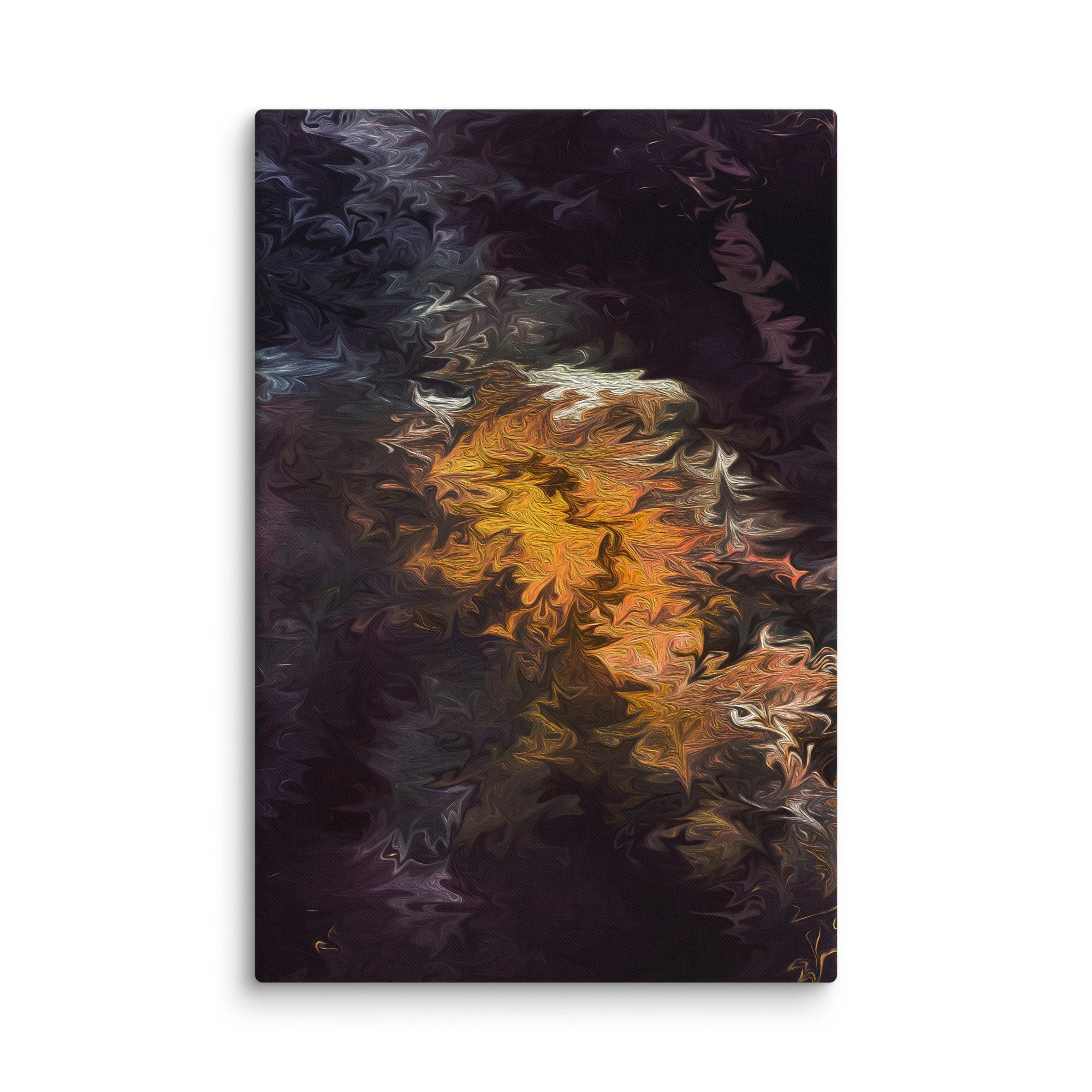 Psychedelic abstract canvas print with glowing golden amber orange core swirling on deep black purple background, cosmic ethereal wall art
