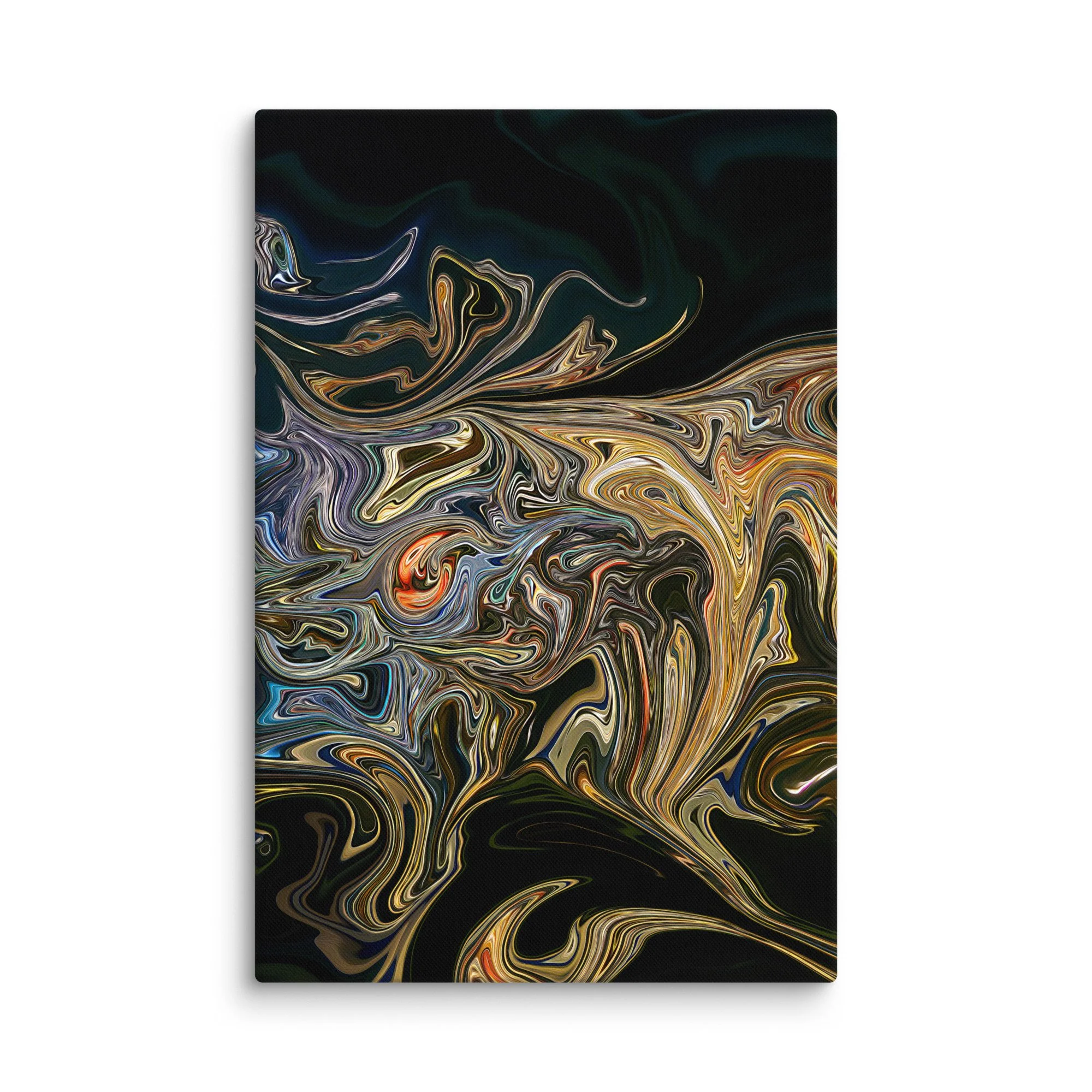 Psychedelic abstract canvas print with iridescent gold amber teal blue fluid swirls nebula on deep black background, cosmic ethereal wall art