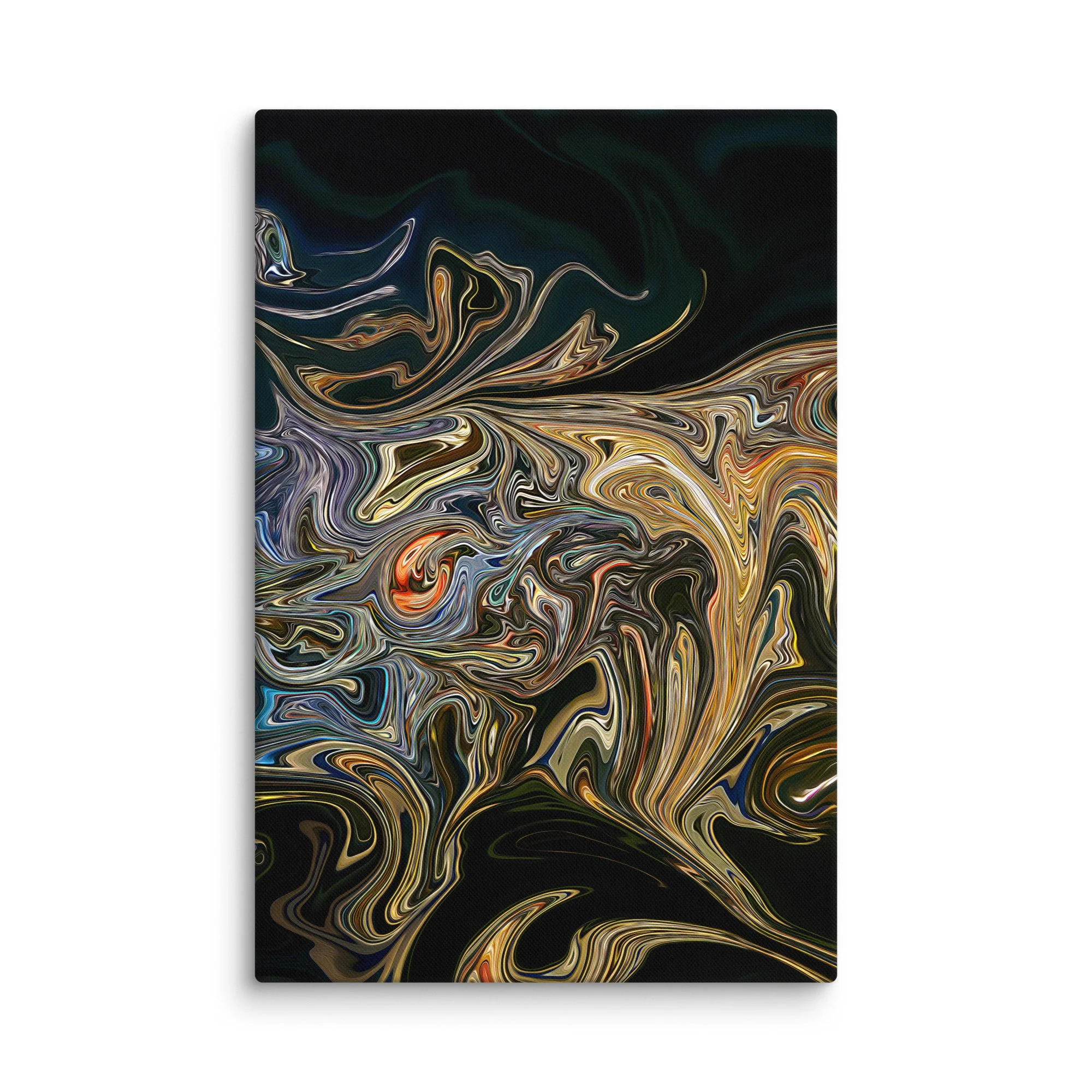 Psychedelic abstract canvas print with iridescent gold amber teal blue fluid swirls nebula on deep black background, cosmic ethereal wall art