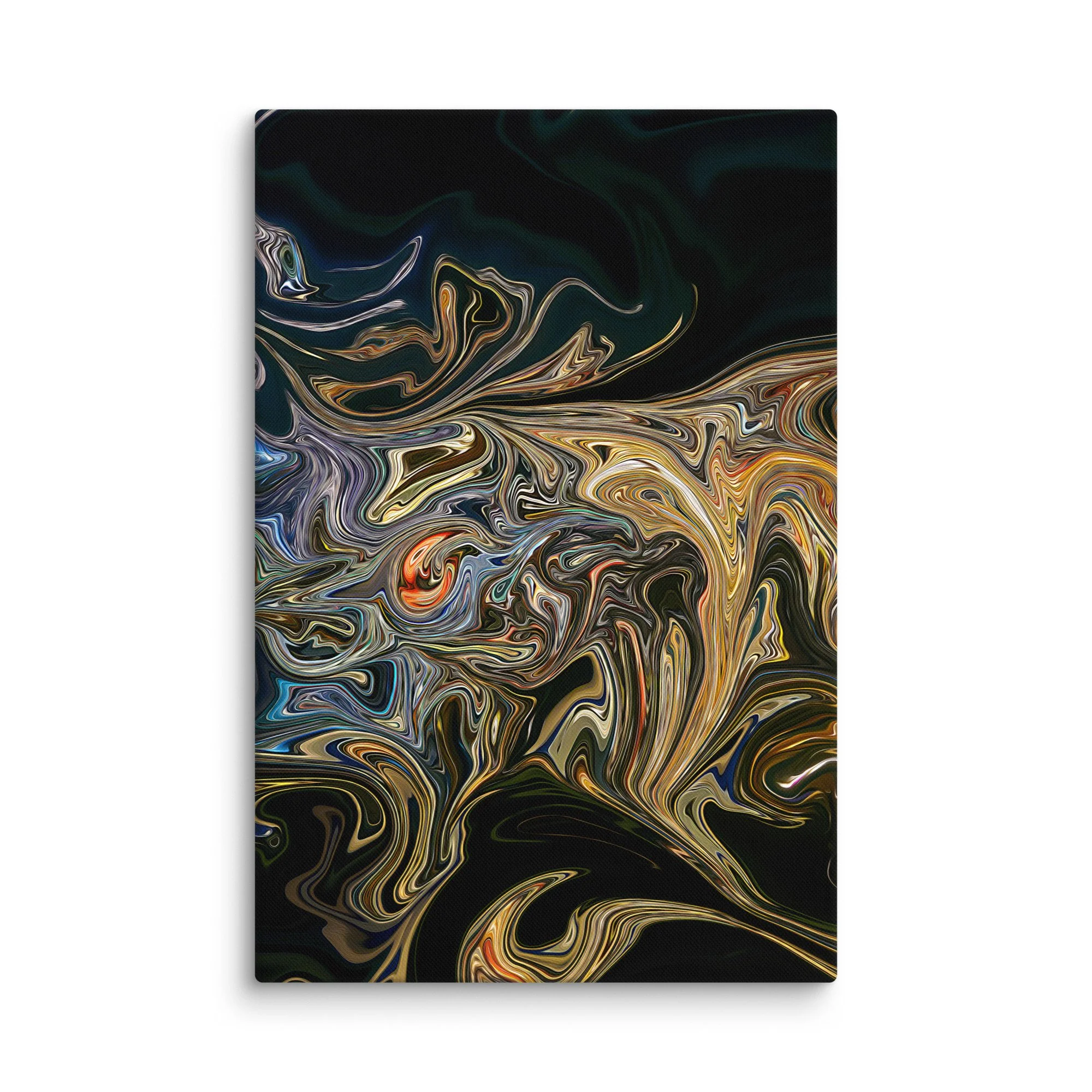 Psychedelic abstract canvas print with iridescent gold amber teal blue fluid swirls nebula on deep black background, cosmic ethereal wall art