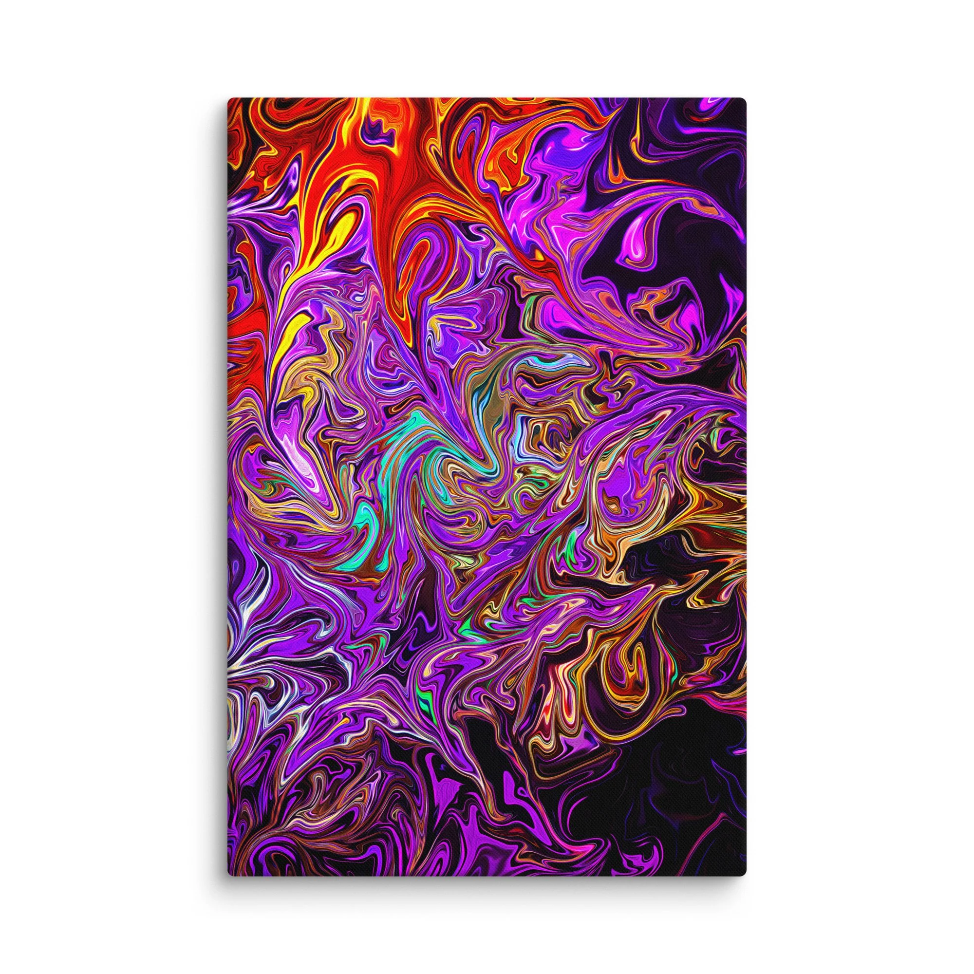 Psychedelic abstract canvas print with vibrant purple magenta orange yellow fluid swirls vortex on black background, maximalist electric wall art