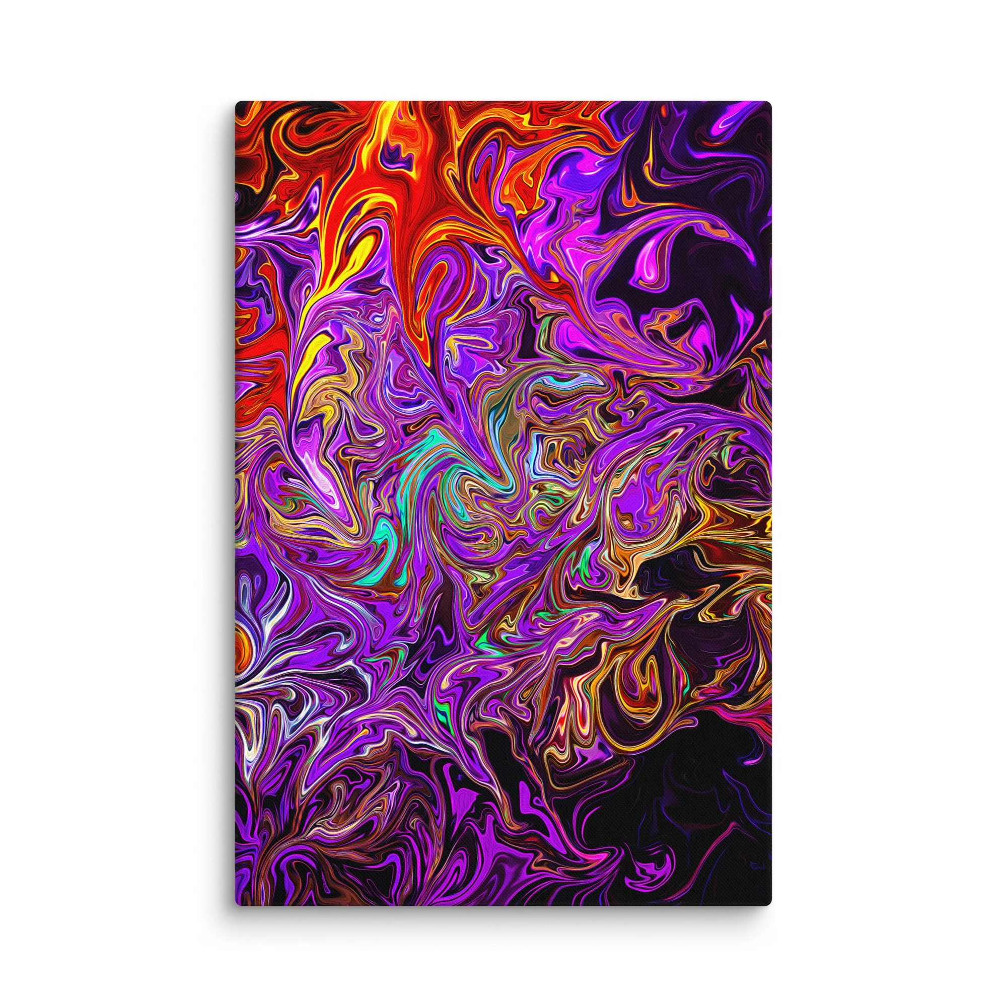 Psychedelic abstract canvas print with vibrant purple magenta orange yellow fluid swirls vortex on black background, maximalist electric wall art