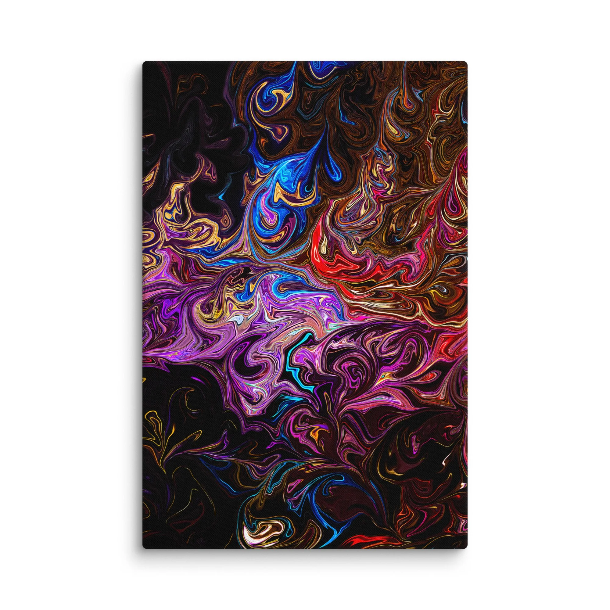 Psychedelic abstract canvas print with vibrant jewel purple magenta orange blue fluid swirls nebula on black background, maximalist cosmic wall art