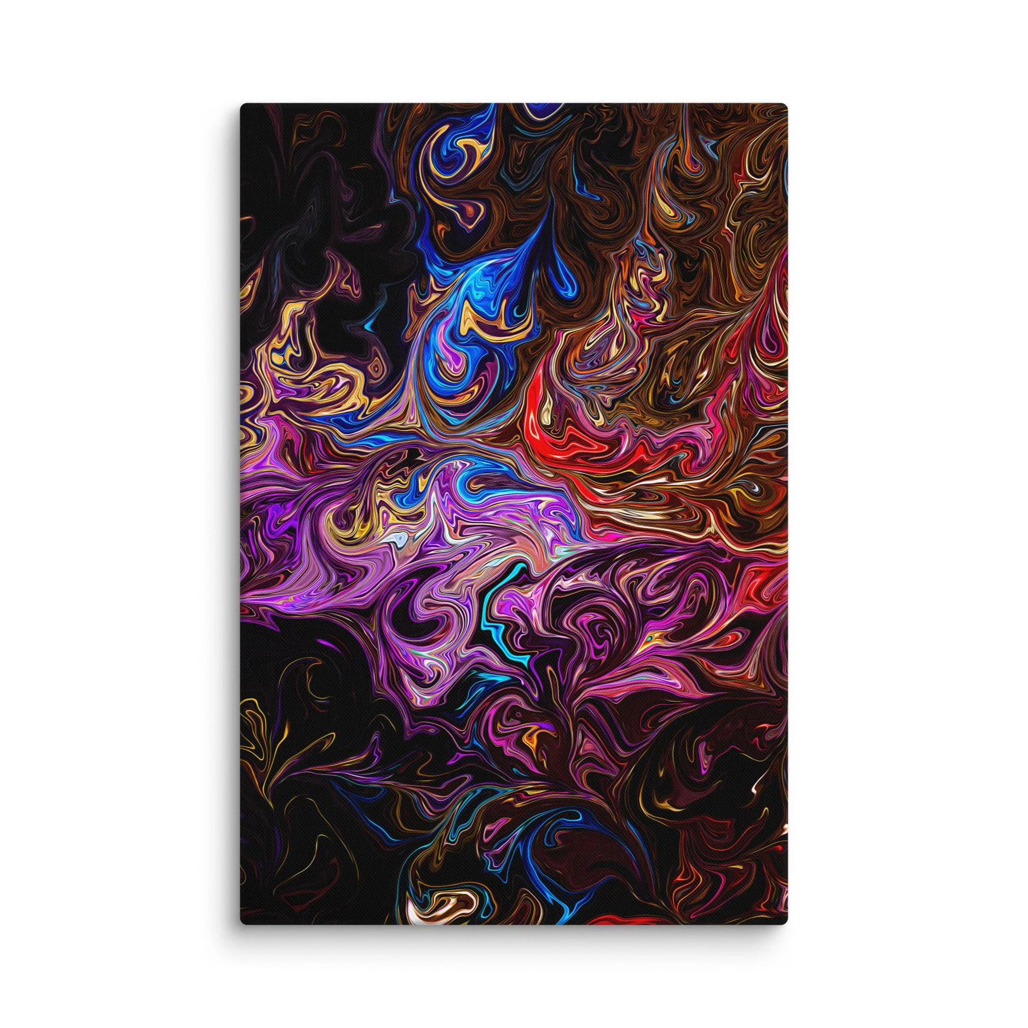 Psychedelic abstract canvas print with vibrant jewel purple magenta orange blue fluid swirls nebula on black background, maximalist cosmic wall art