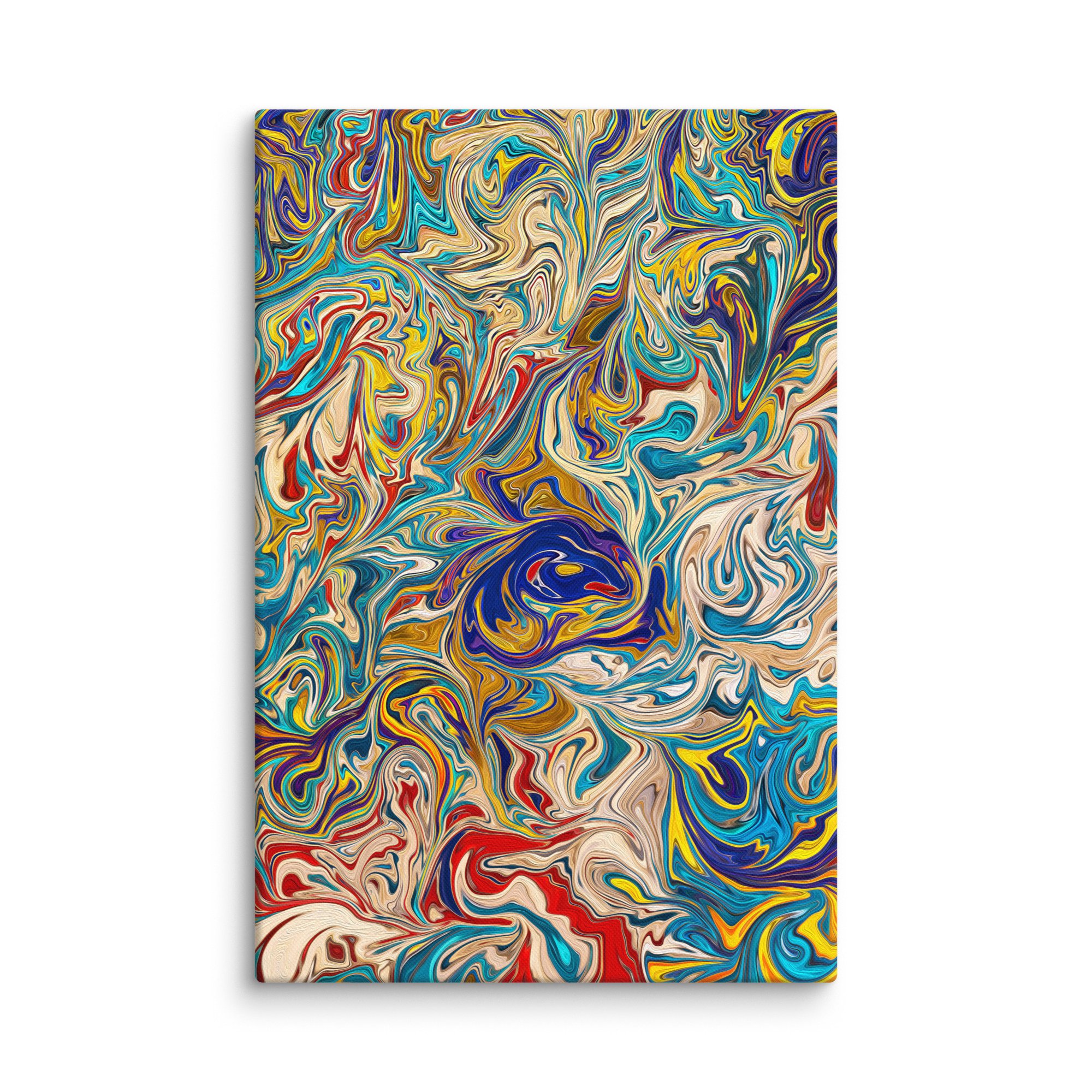 Psychedelic abstract canvas print with full spectrum rainbow fluid marbling blue yellow red purple green, kaleidoscope euphoria wall art