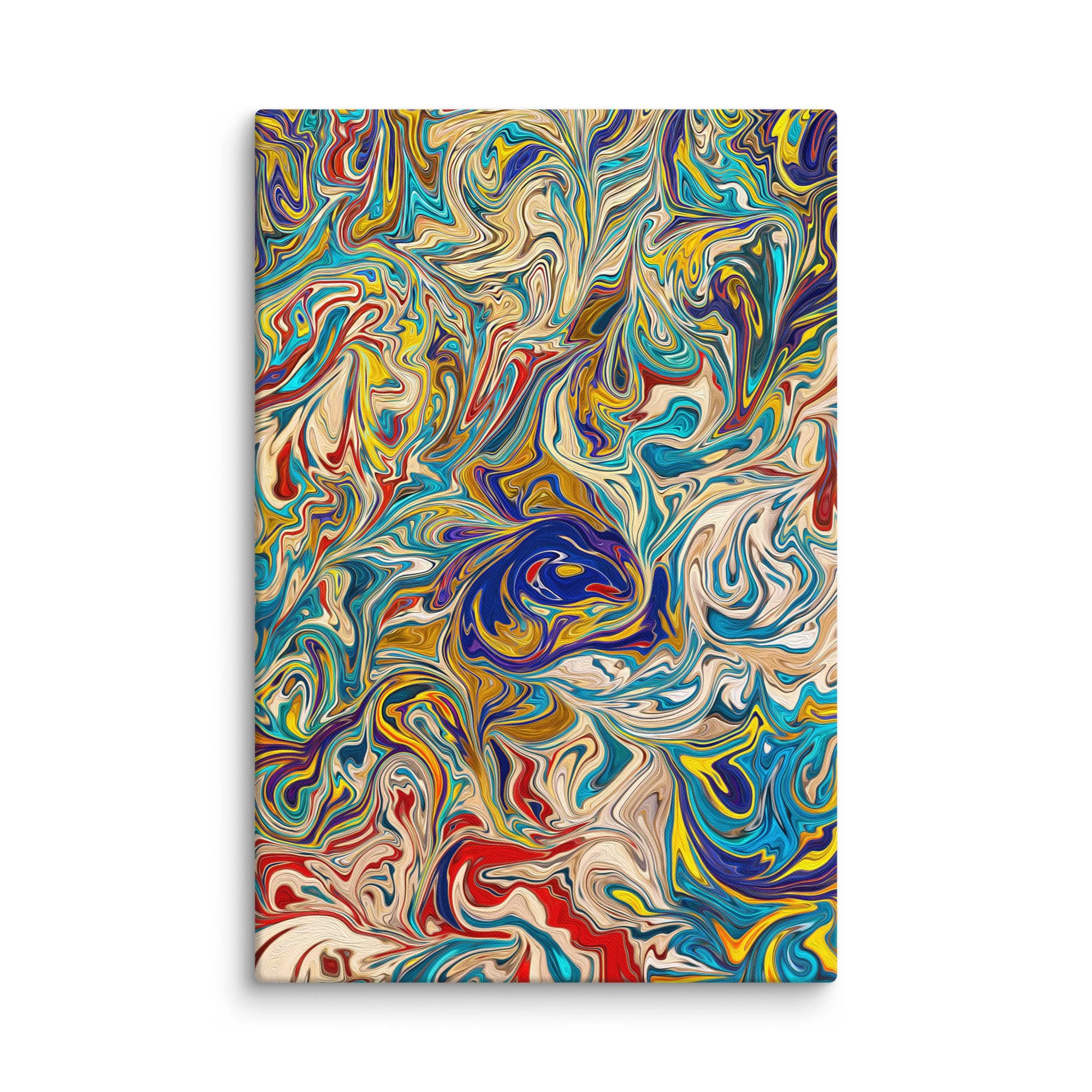 Psychedelic abstract canvas print with full spectrum rainbow fluid marbling blue yellow red purple green, kaleidoscope euphoria wall art