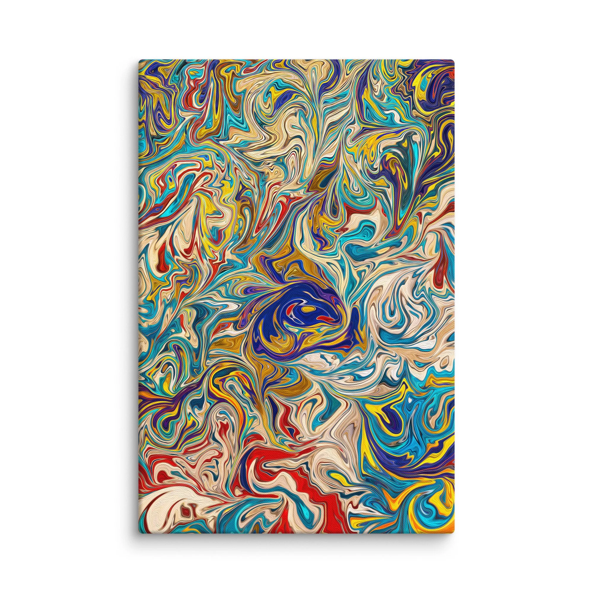 Psychedelic abstract canvas print with full spectrum rainbow fluid marbling blue yellow red purple green, kaleidoscope euphoria wall art