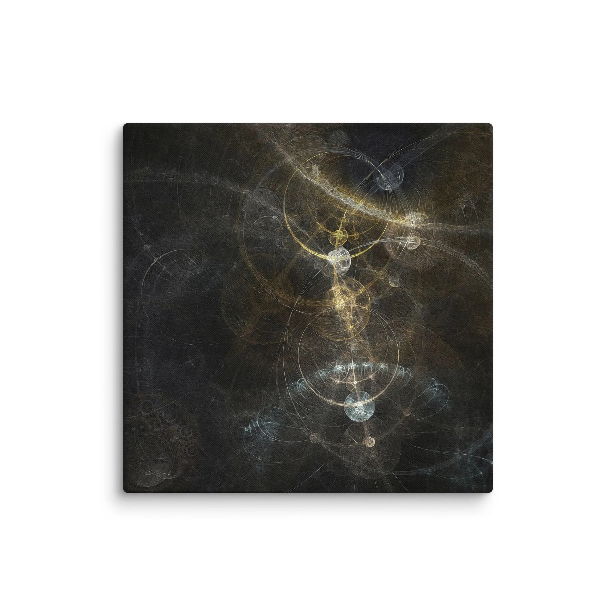 Psychedelic fractal mandala canvas print with glowing golden sacred geometry on deep black background, ethereal luminous wall art
