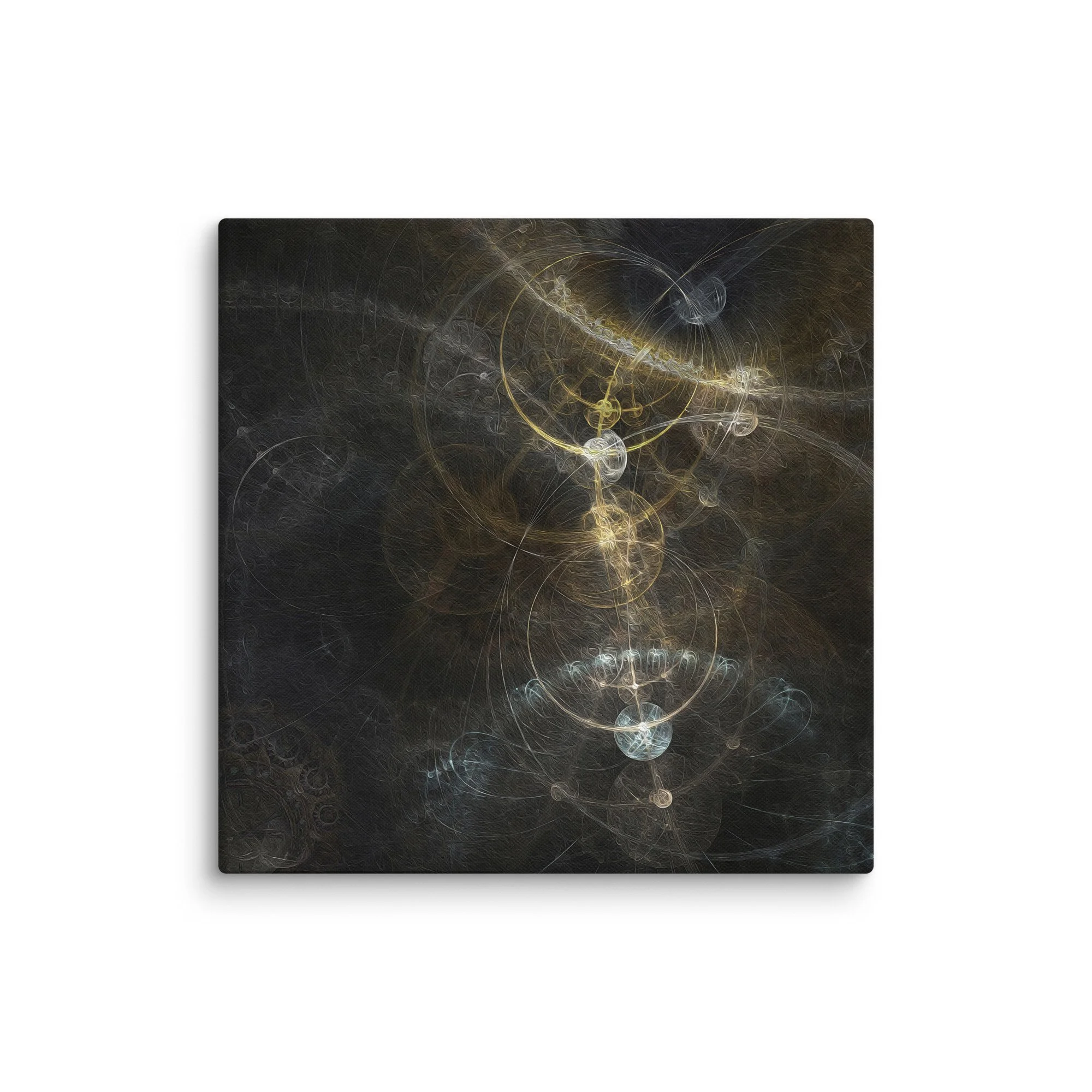 Psychedelic fractal mandala canvas print with glowing golden sacred geometry on deep black background, ethereal luminous wall art