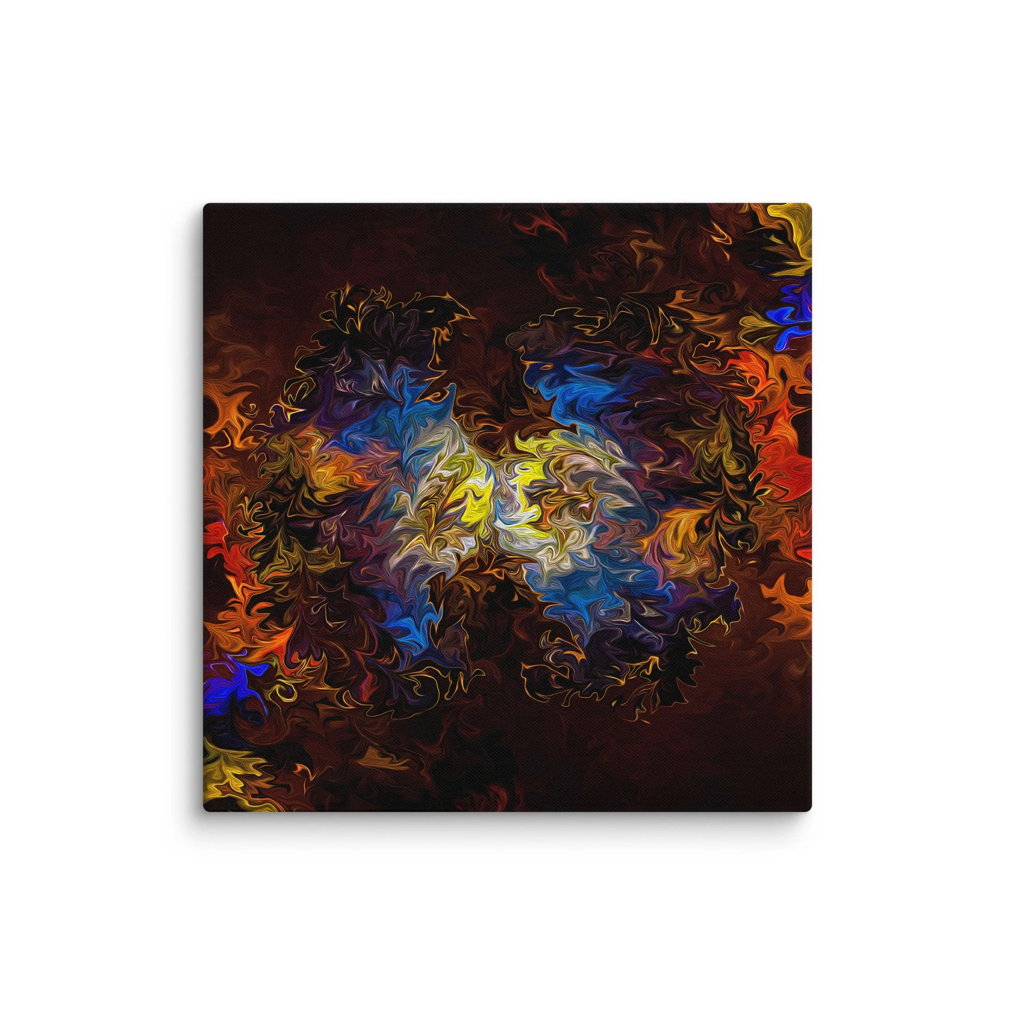 Psychedelic abstract canvas print with fiery orange yellow blue purple fluid wings nebula on dark background, maximalist cosmic wall art