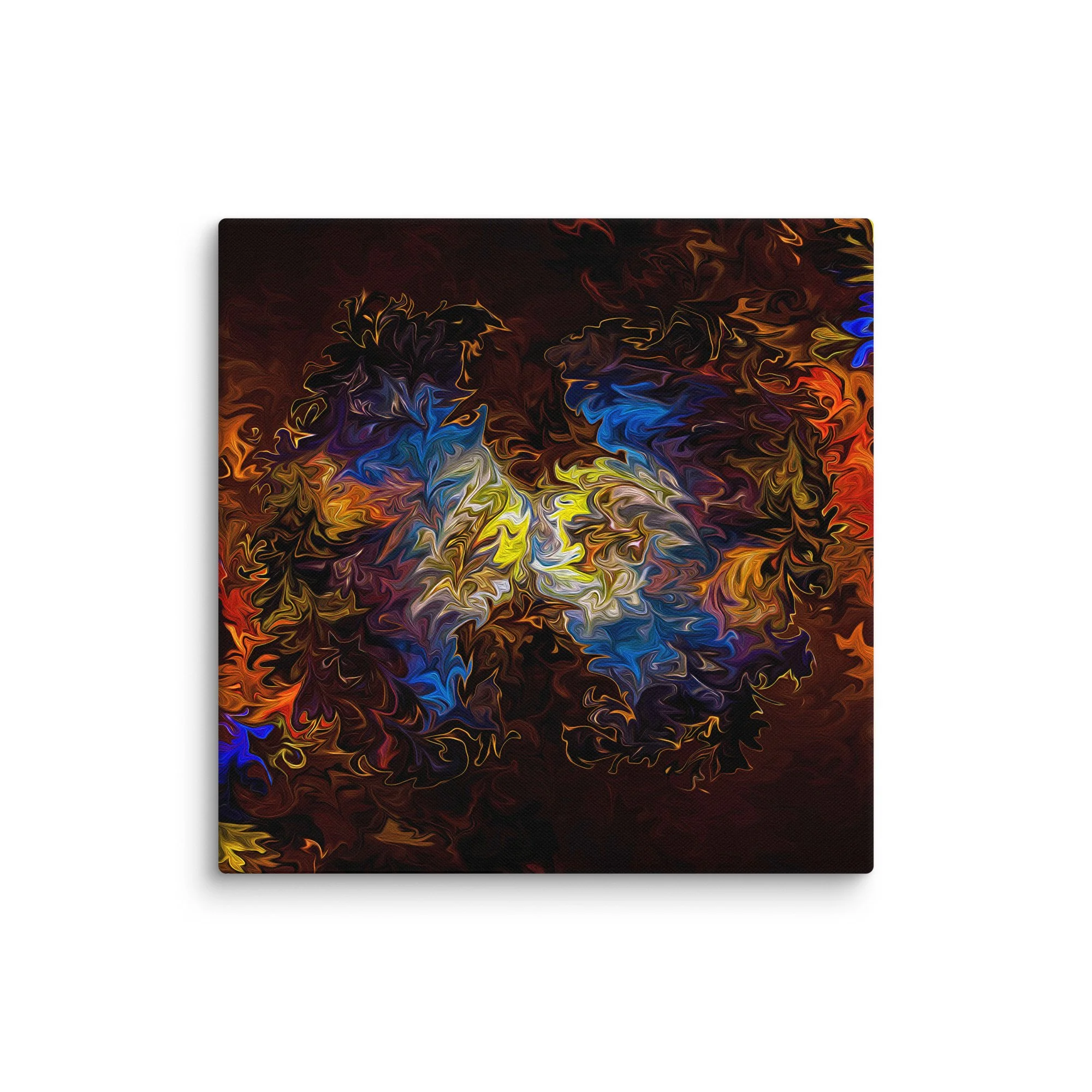 Psychedelic abstract canvas print with fiery orange yellow blue purple fluid wings nebula on dark background, maximalist cosmic wall art