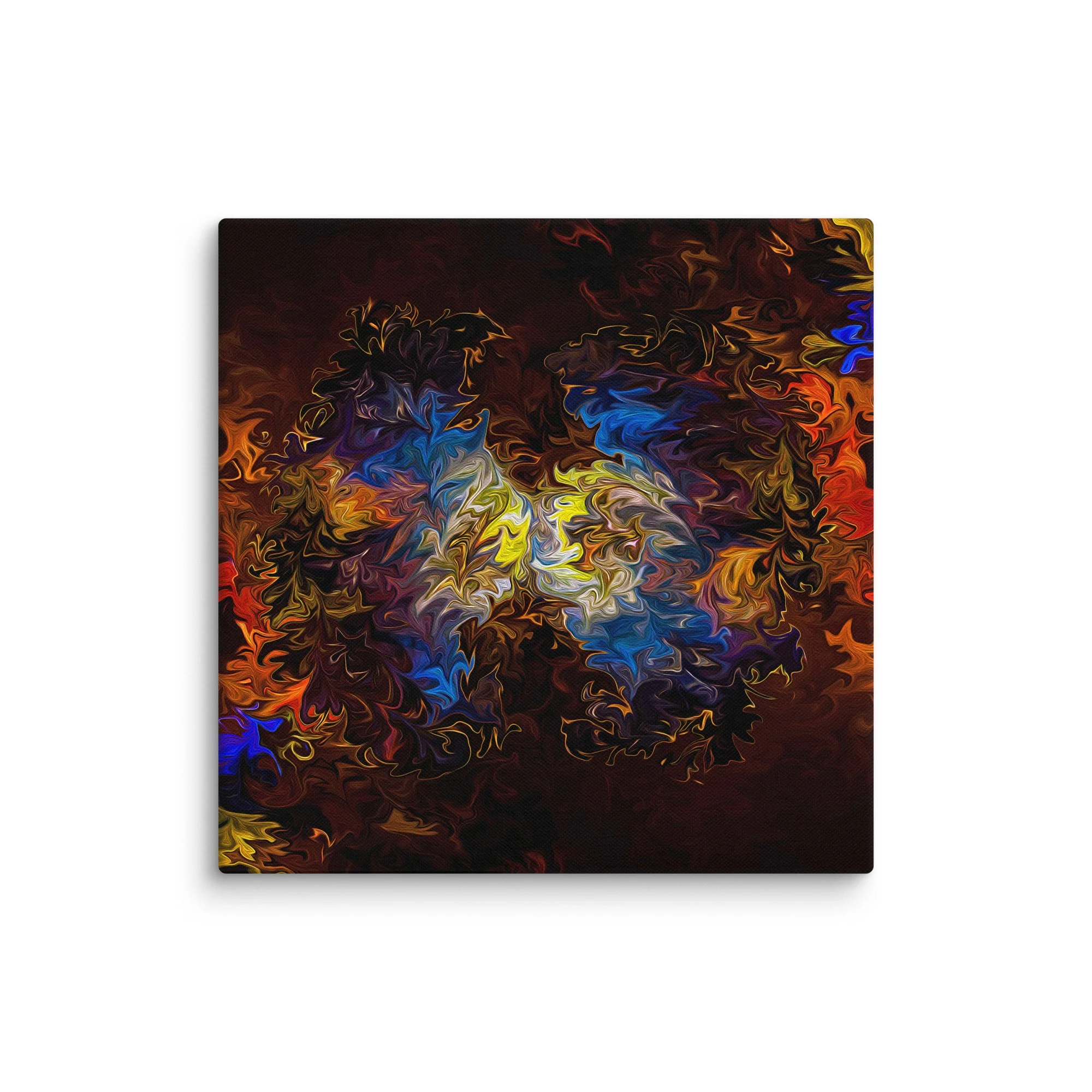 Psychedelic abstract canvas print with fiery orange yellow blue purple fluid wings nebula on dark background, maximalist cosmic wall art