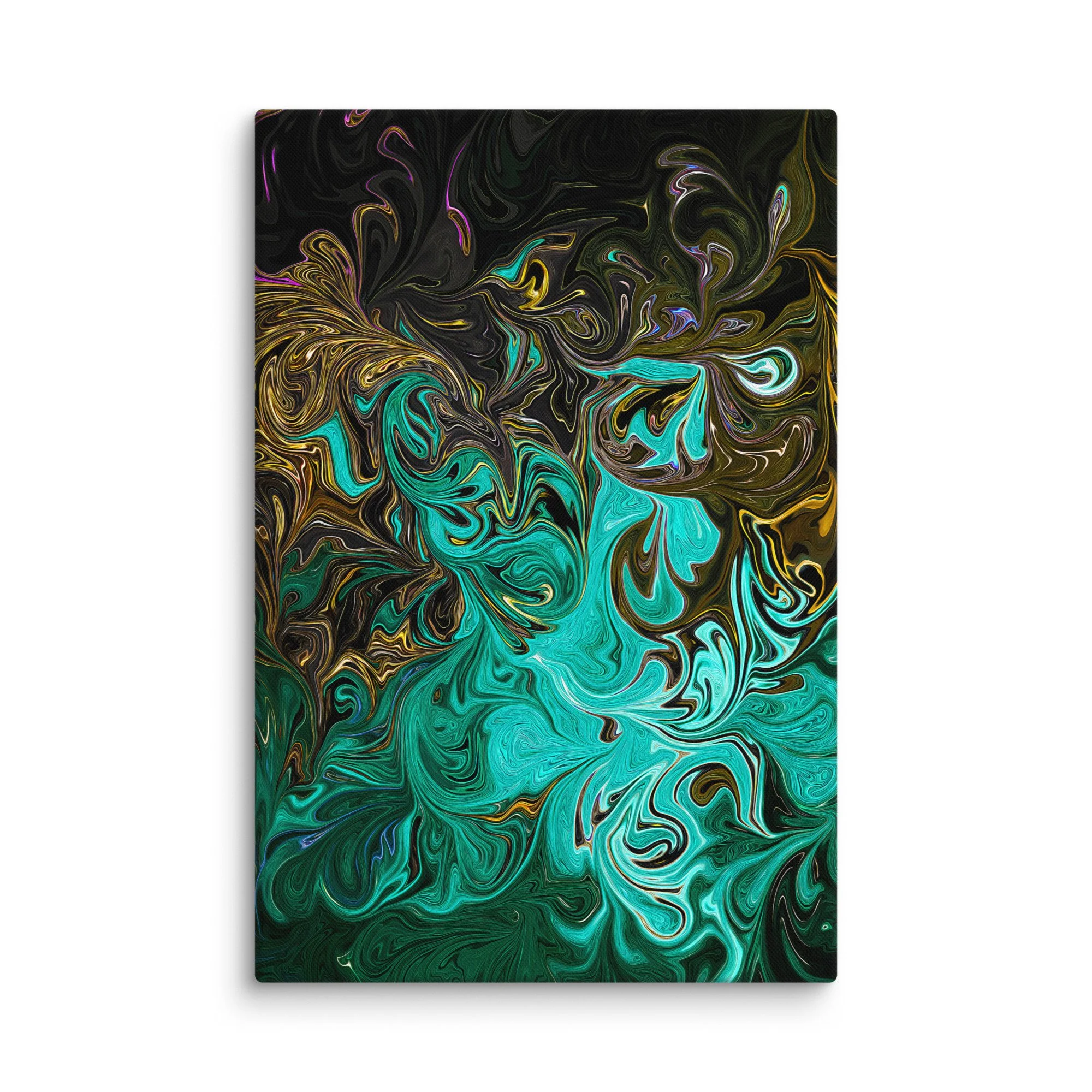 Psychedelic abstract canvas print with luminous teal emerald green gold fluid swirls nebula on deep black background, ethereal jewel wall art