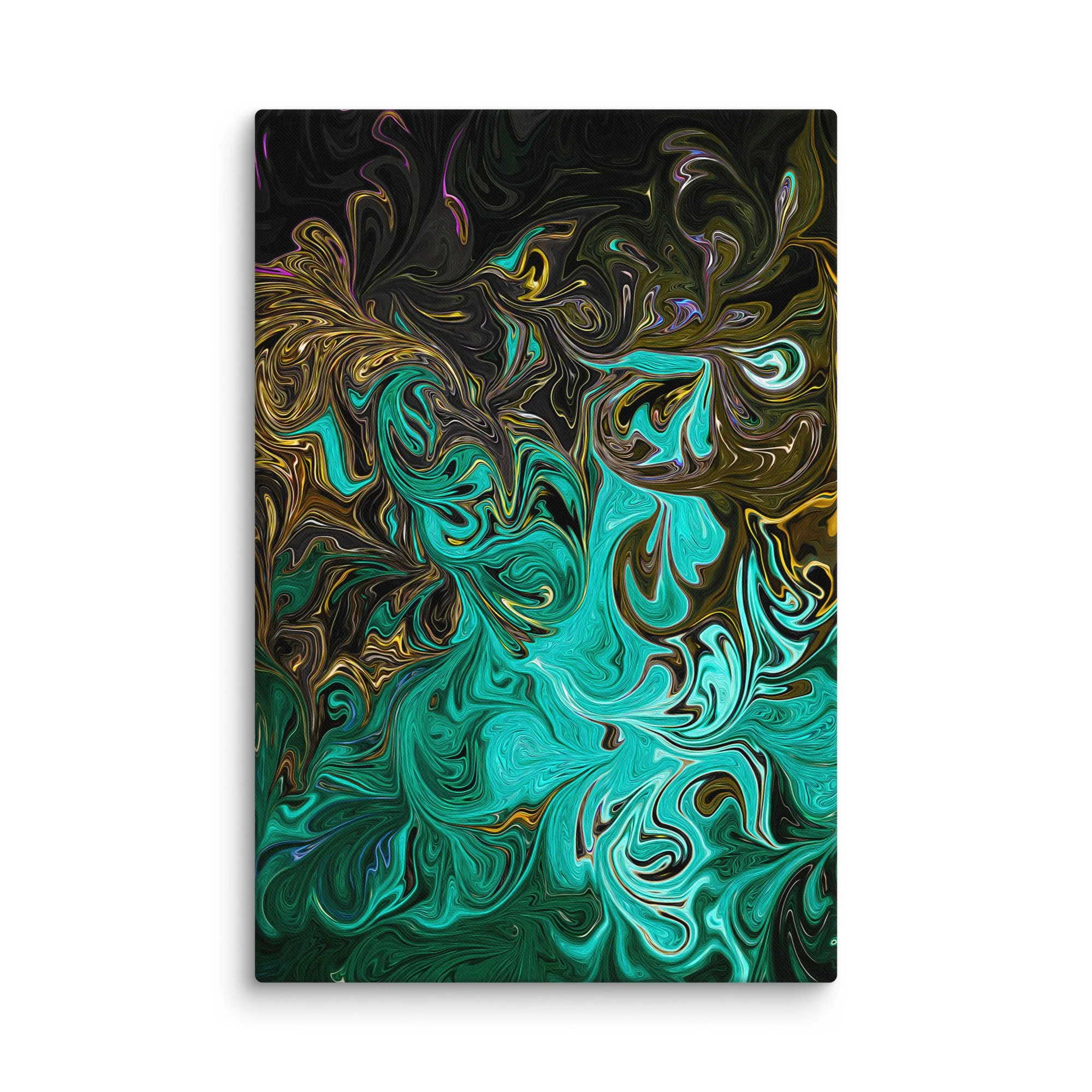 Psychedelic abstract canvas print with luminous teal emerald green gold fluid swirls nebula on deep black background, ethereal jewel wall art