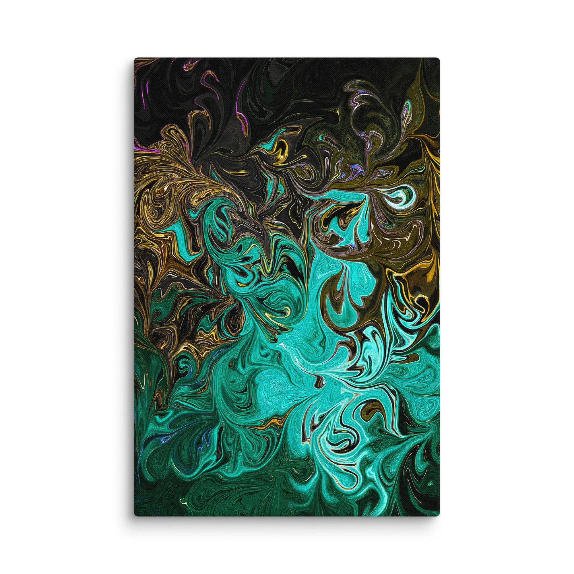 Psychedelic abstract canvas print with luminous teal emerald green gold fluid swirls nebula on deep black background, ethereal jewel wall art
