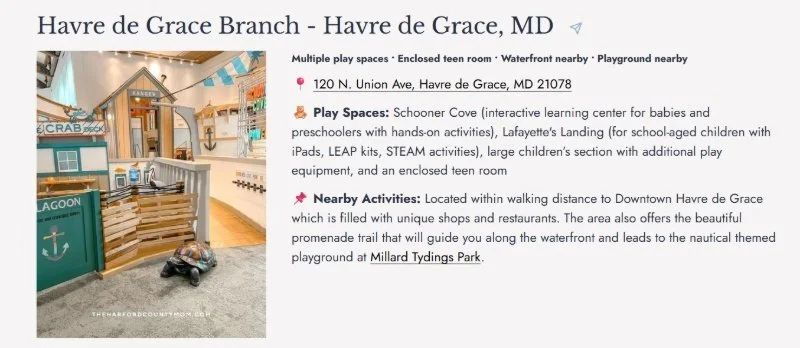 screenshot of The Harford County Mom's library guide showing features perfect for busy moms planning playdates