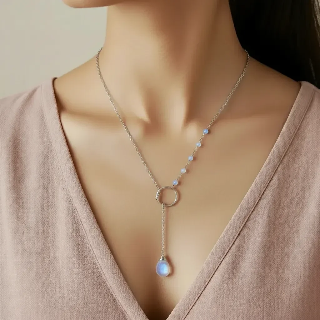 moonston lariat in silver on model.webp