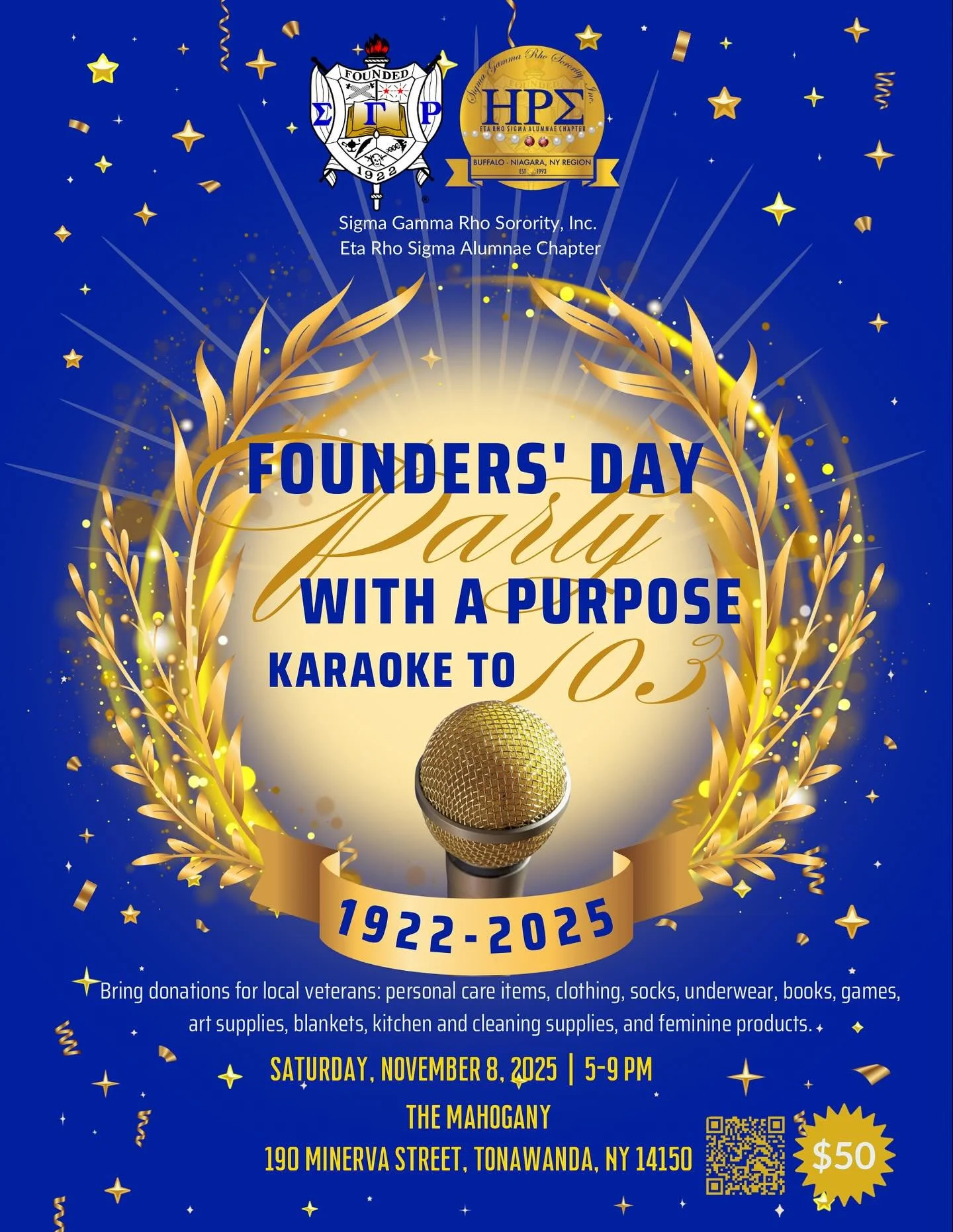 Join us for Founders&rsquo; Day: Party With a Purpose! ✨🎤

We&rsquo;re celebrating 103 years of @sgrhoupdates with karaoke, community, and giving back. 💙💛

🗓 Saturday, November 8, 2025
🕔 5&ndash;9 PM
📍 The Mahogany Events Venue | 190 Minerva St