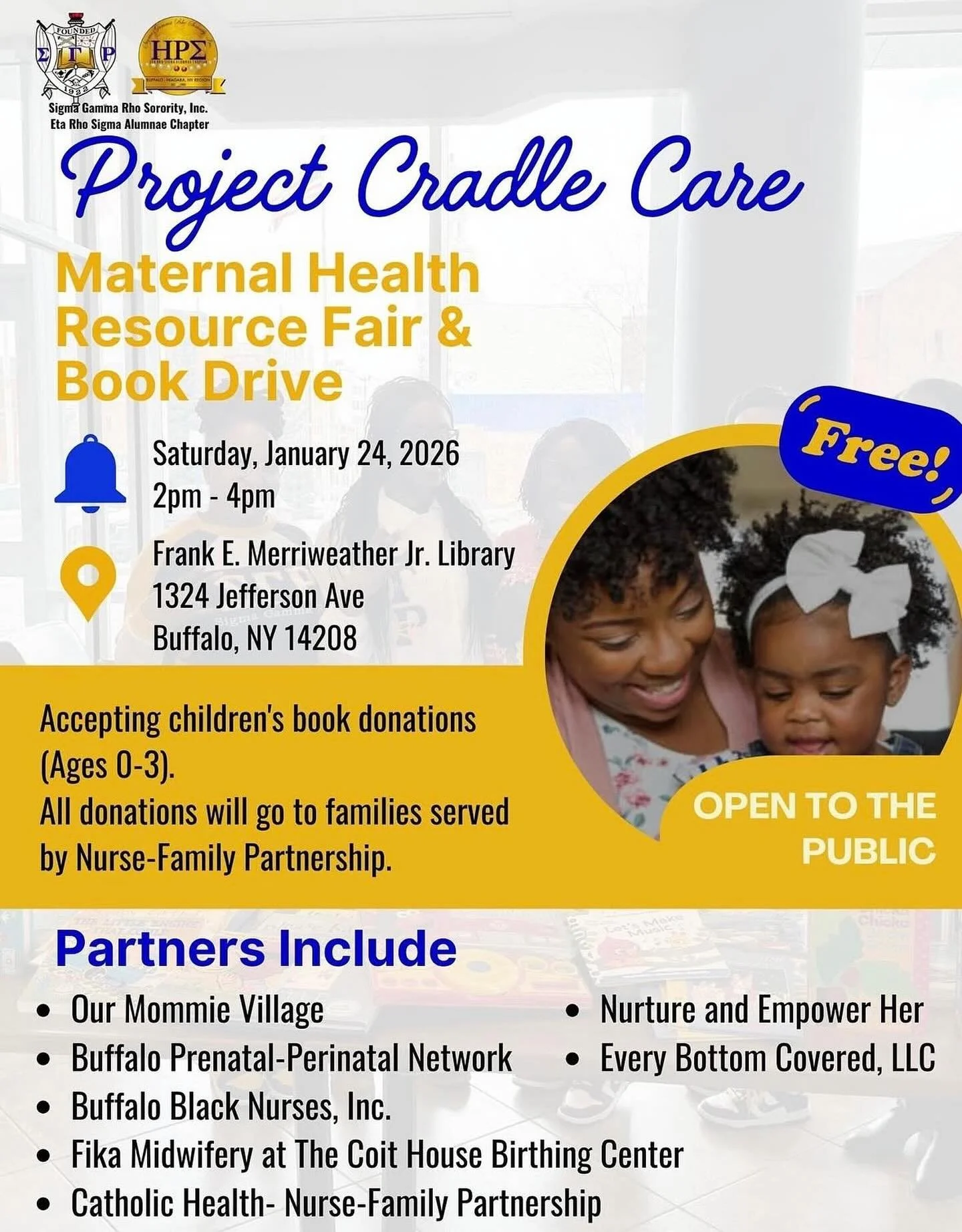We hope to see you on Saturday!

Project Cradle Care is one of our 5 National Programs. 💛💙

Sigma Gamma Rho Sorority, Inc., Eta Rho Sigma Chapter is hosting a Maternal Health Resource Fair and Book Drive!
🗓️January 24, 2026
⏰2pm - 4pm
📍Frank E. M