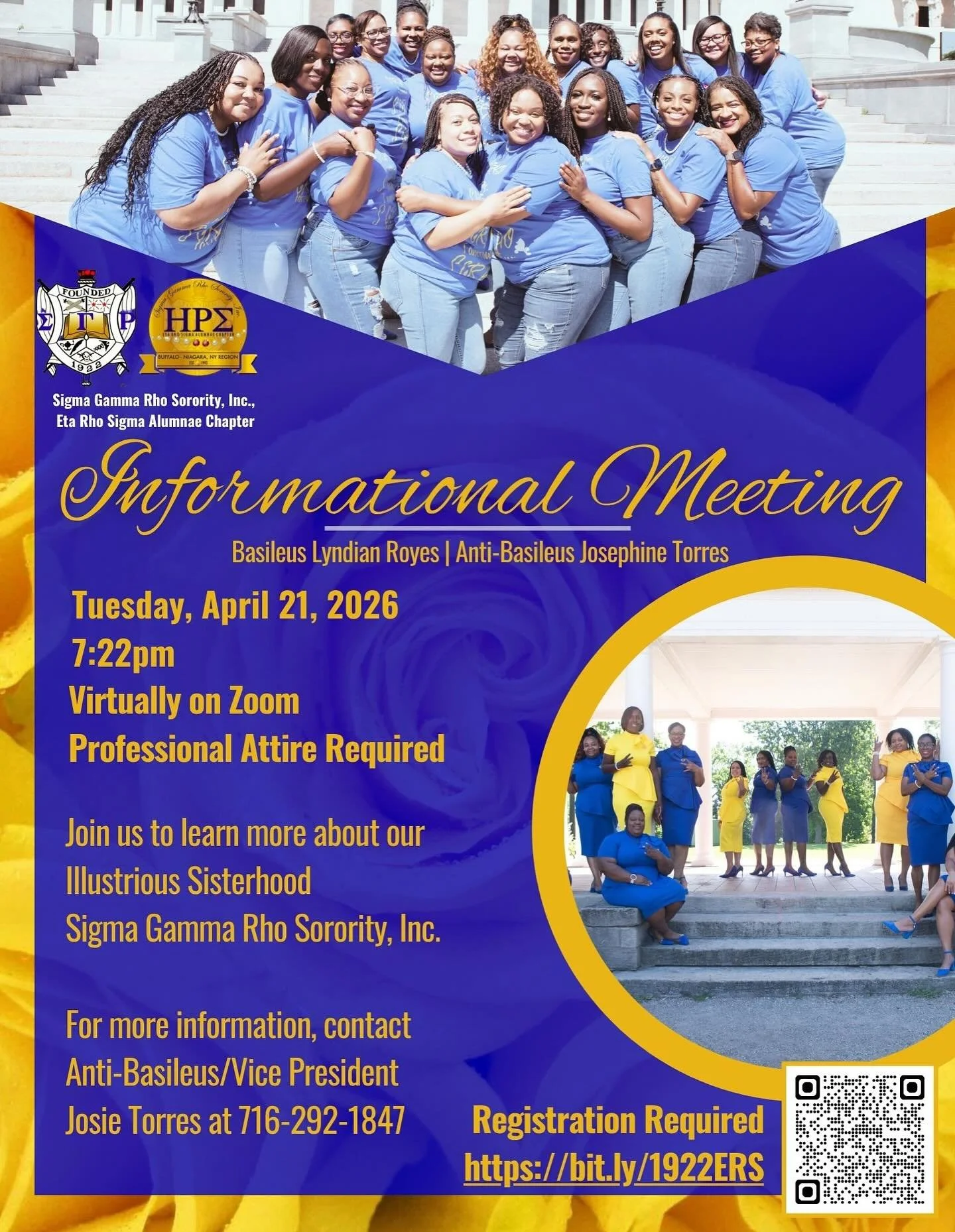 Want to learn more about Sigma Gamma Rho Sorority, Inc., Eta Rho Sigma Chapter?
Join us for our Informational Meeting!

📅 Date: Tuesday, April 21, 2026
📍 Location: Zoom - Register Here: https://bit.ly/1922ERS
⏰ Time: 7:22PM
👔 Attire: Business Atti