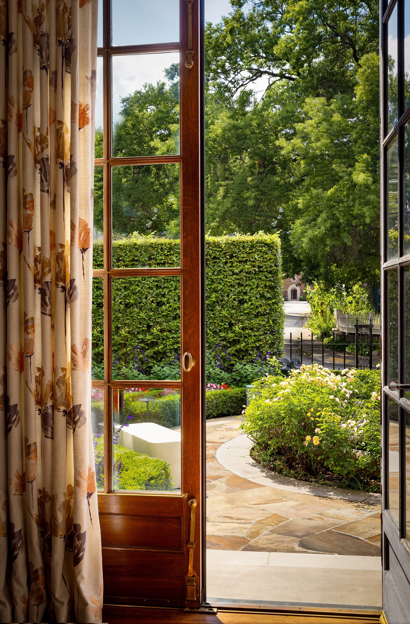 drapery for french doors with view to gardens