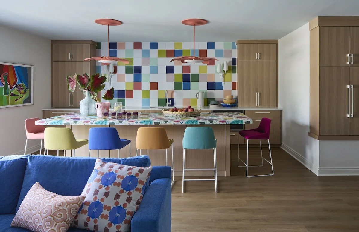 19Colorful gameroom kitchen with multicolor checkered tile backsplash, botanical print island, bright bar stools by Betsy Wentz interior design