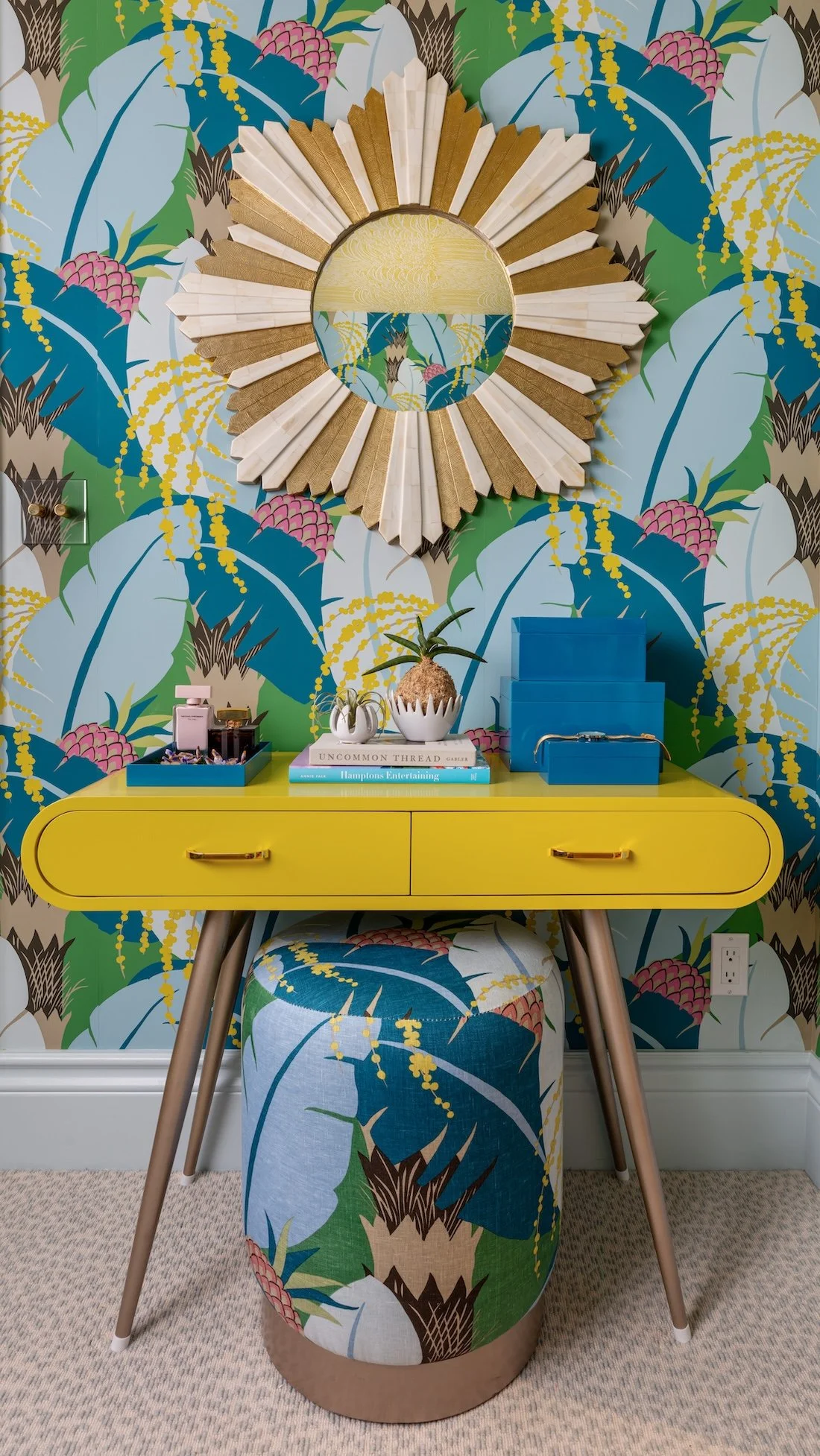 yellow-console-table-sunburst-mirror-tropical-pineapple-wallpaper-closet.jpg