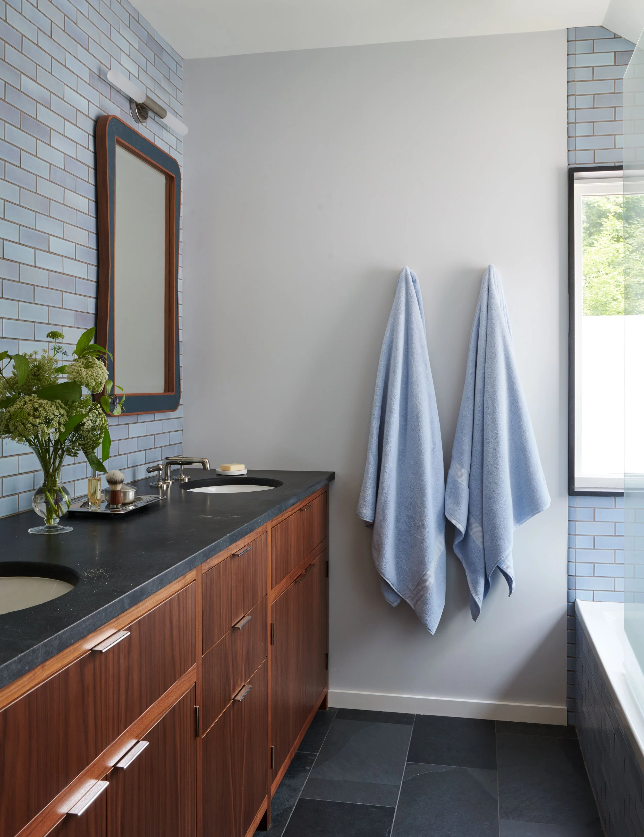 blue tile backsplash double sink vanity and mirrors for bathroom renovation