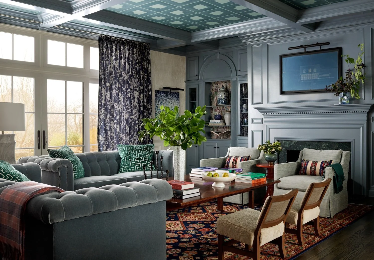 Pittsburgh gracious living room coffered ceiling fireplace tufted sofa ornate