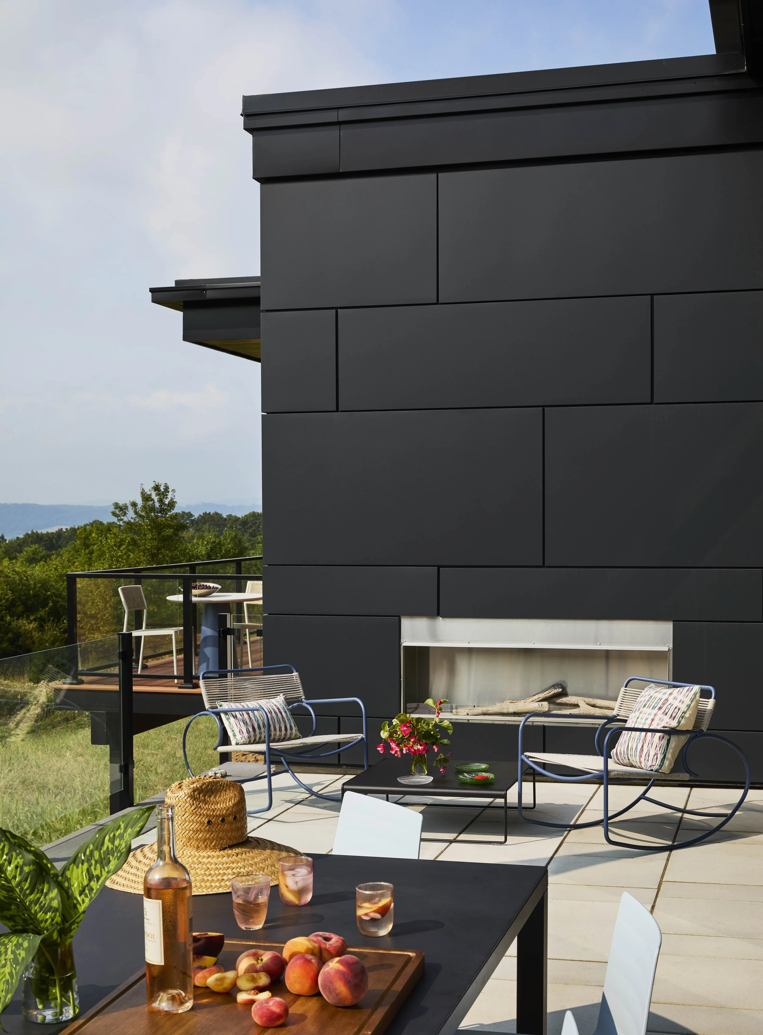 modern patio with fireplace