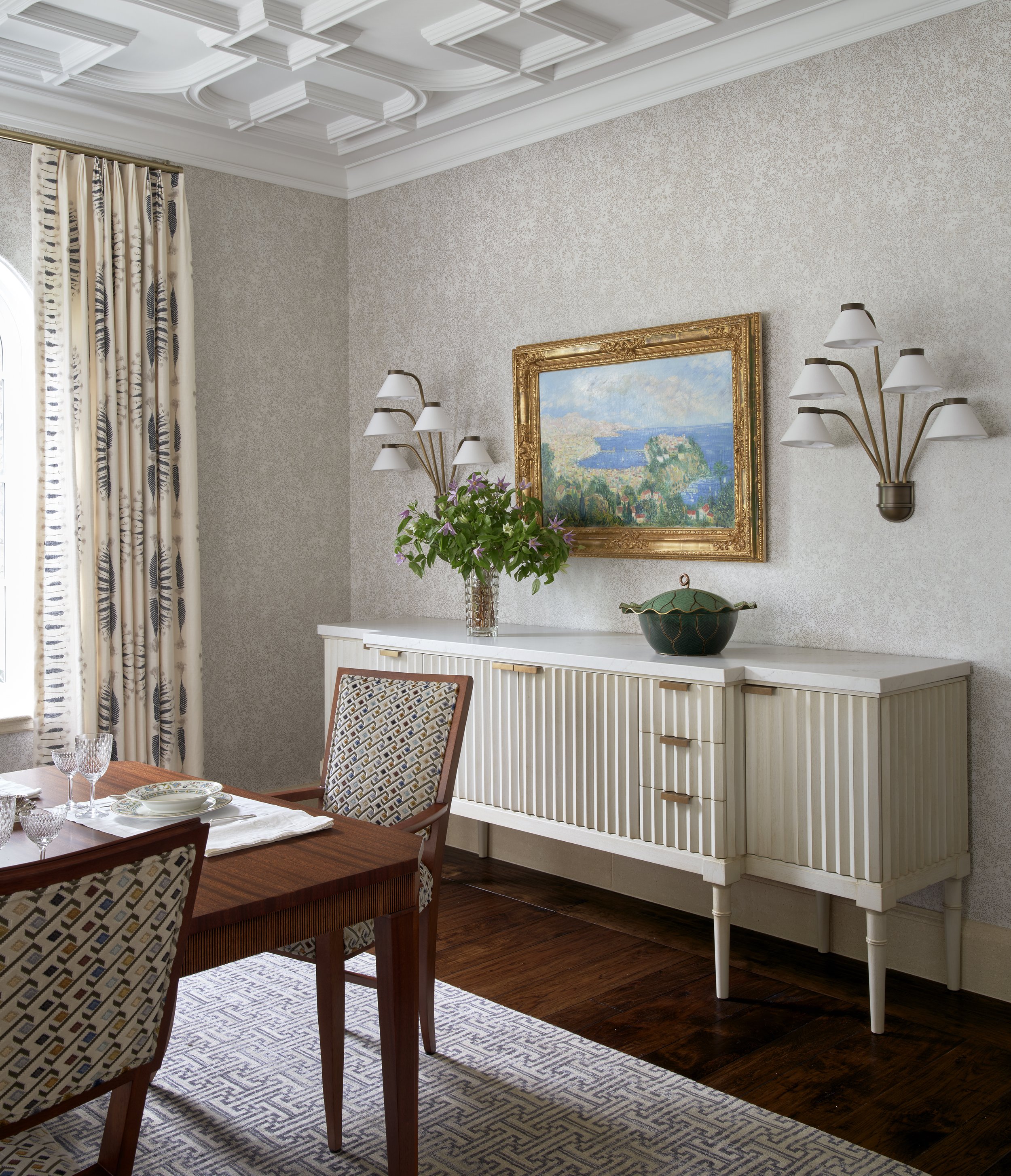 classic dining room interior design white sideboard ornate painting gold framed art feather curtains patterned chairs elegant home decor modern classic mix