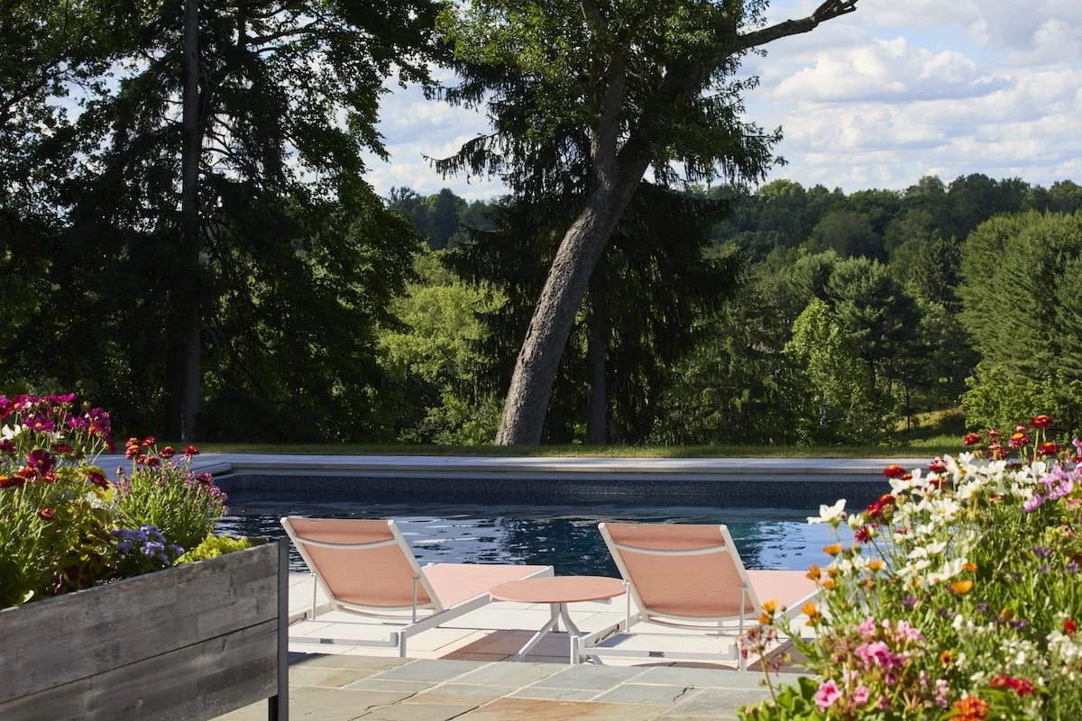 tranquil poolside view with blush lounge chairs vibrant flower planters tall trees lush hillside backdrop by betsy wentz 