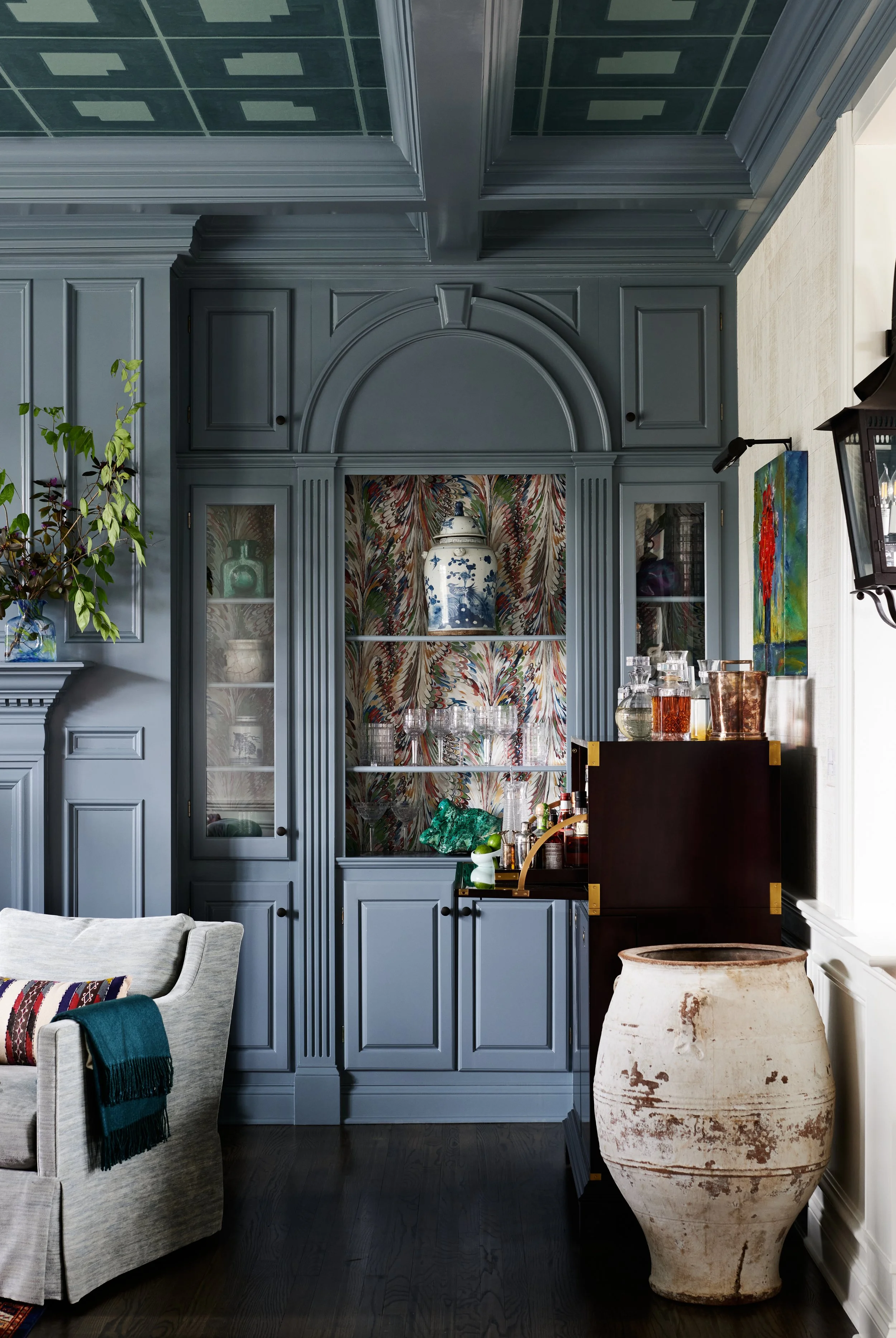 Custom blue painted builtins and millwork. 