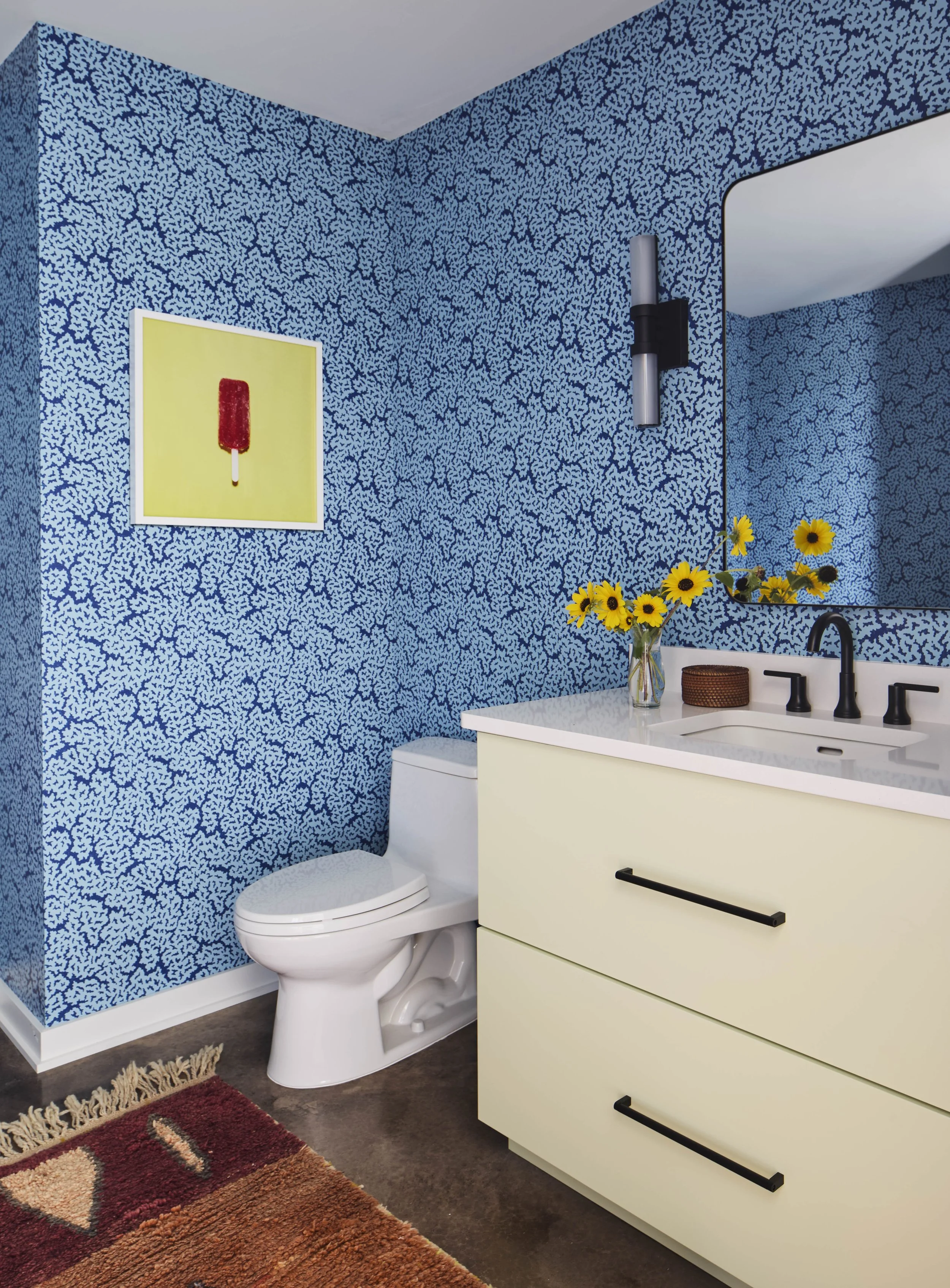 blue geometric wallpaper for powder room