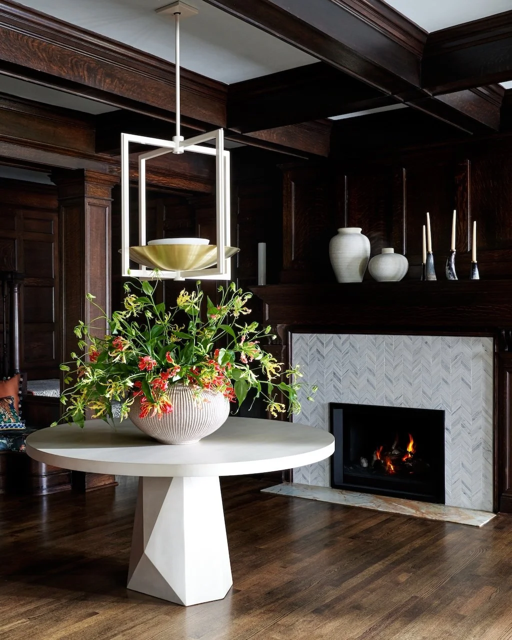 Grand Pittsburgh entry built in bench carved staircase fireplace
