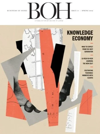 Cover of BOH magazine titled 'Knowledge Economy,' featuring abstract geometric collage with highlighted maps, hands, and blocks.