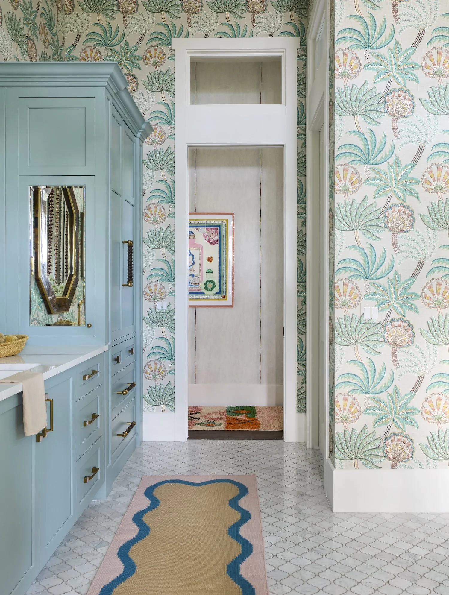 31-tropical-bathroom-floral-wallpaper-sage-green-vanity-octagon-mirrors-brass-hardware-unique-rug-designjpg.jpg