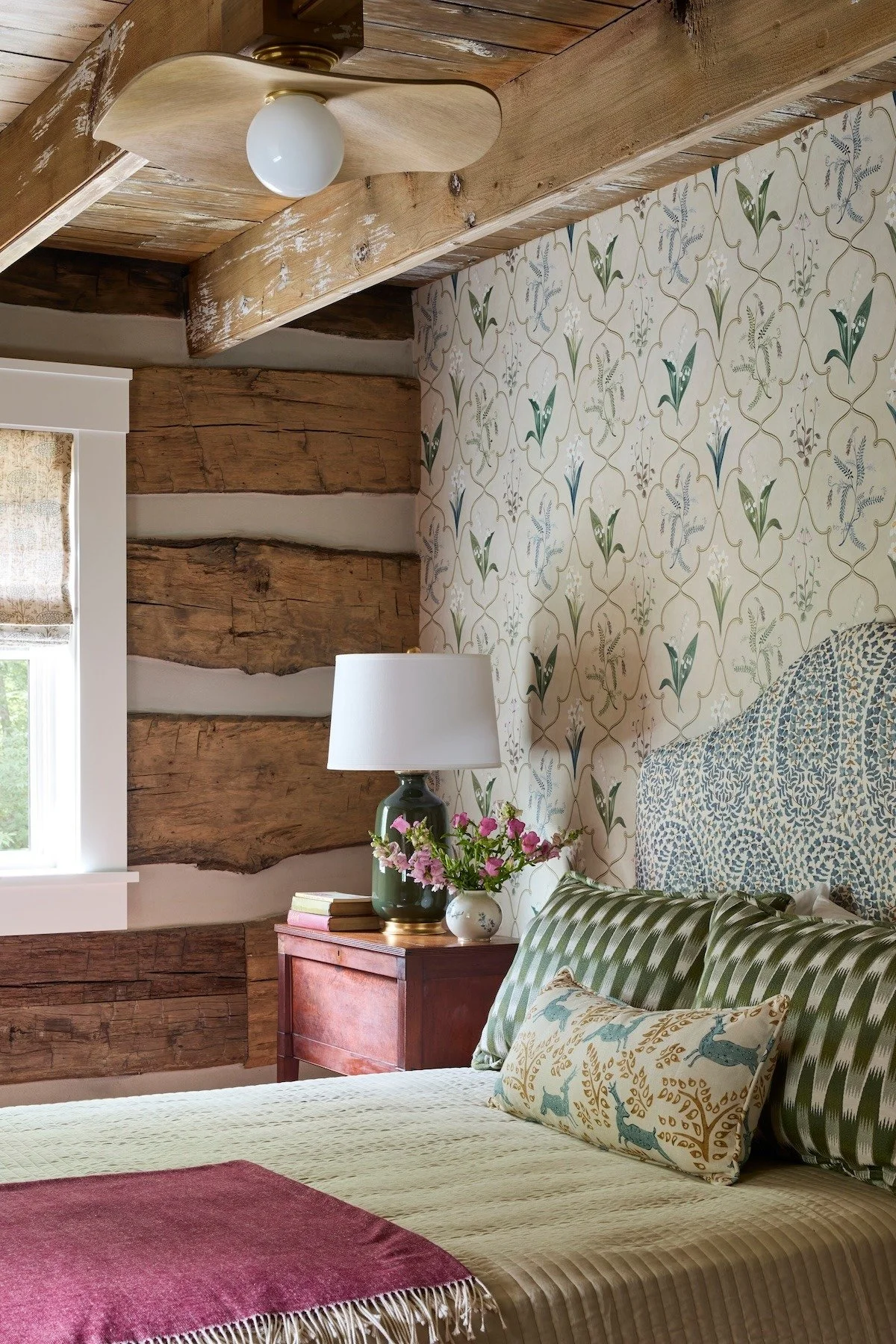 pittsburgh-fox-chapel-log-cabin-guest-bedroom-green-ikat-pillows-deer-lumbar-pillow.jpg