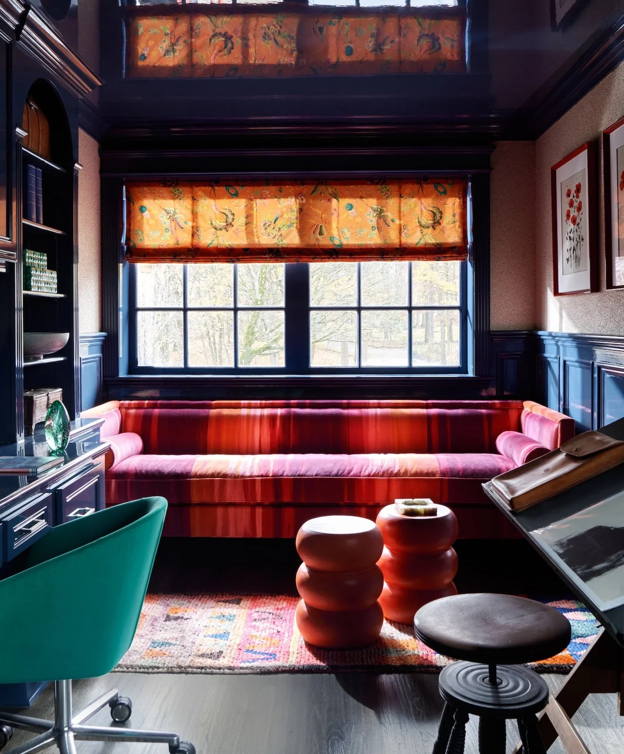 Vibrant home office color wash paint striped sofa patterned roman shade 