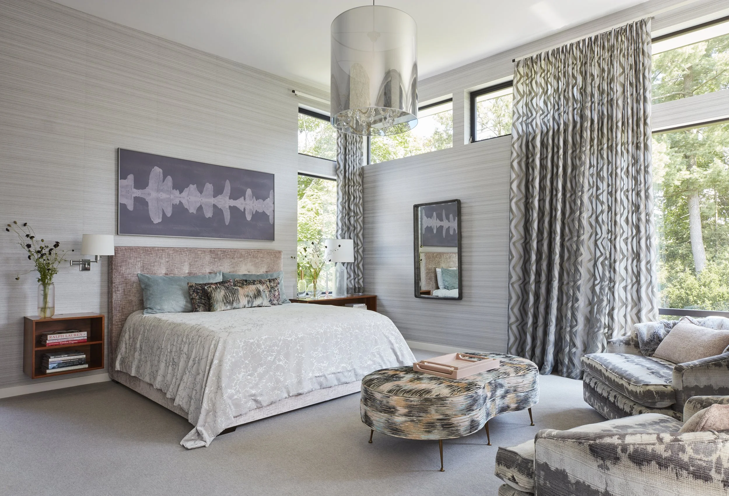 modern bedroom retreat with soothing colors and natural textures floating nightstand modern home design family room statement light

