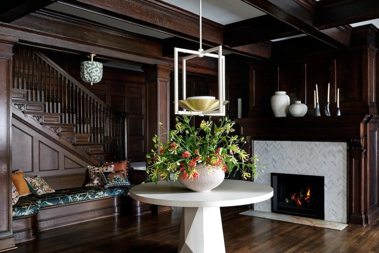Grand Pittsburgh entry built in bench carved staircase fireplace 

