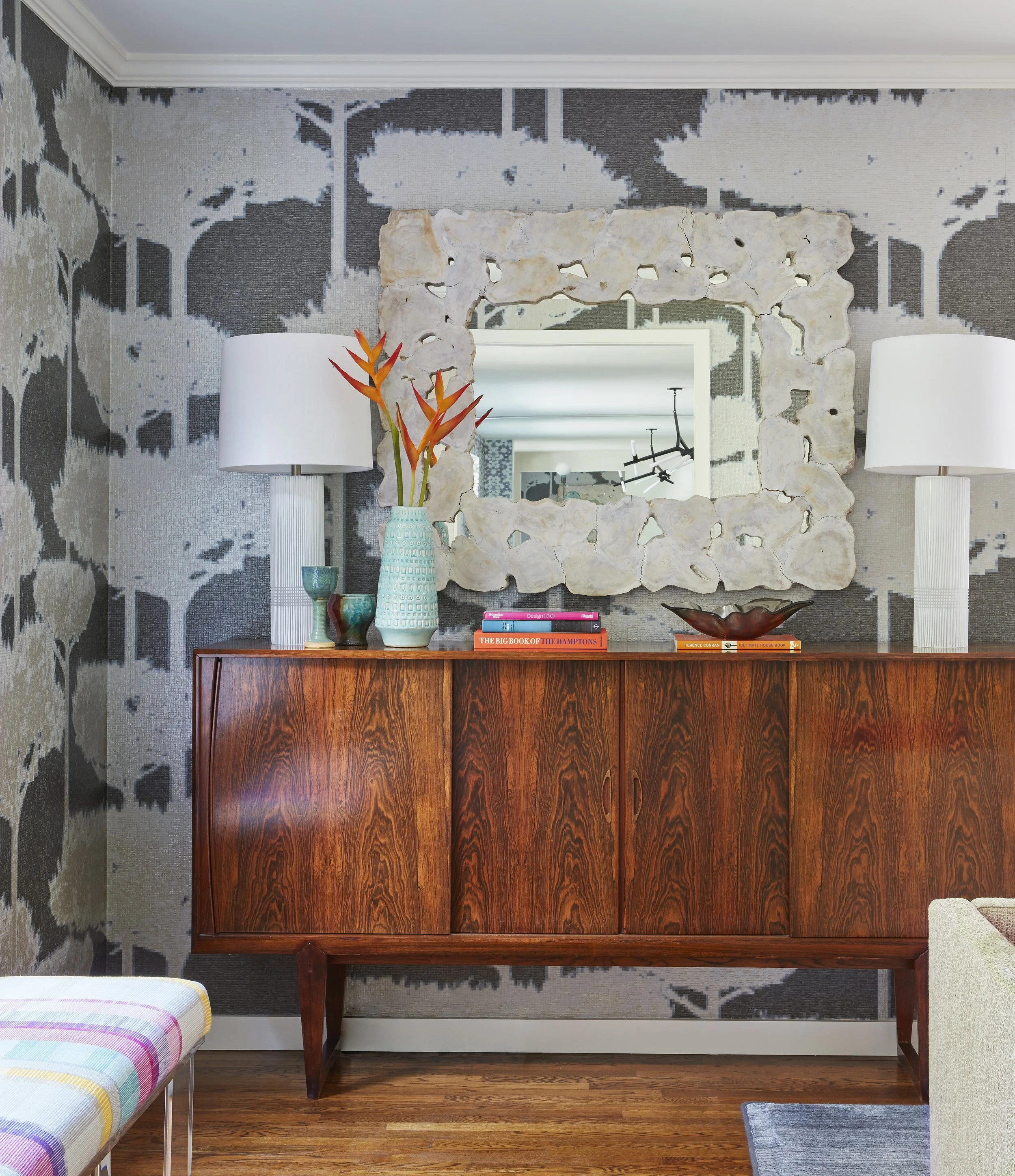 modern living room with gray abstract wallpaper vibrant art decor home design