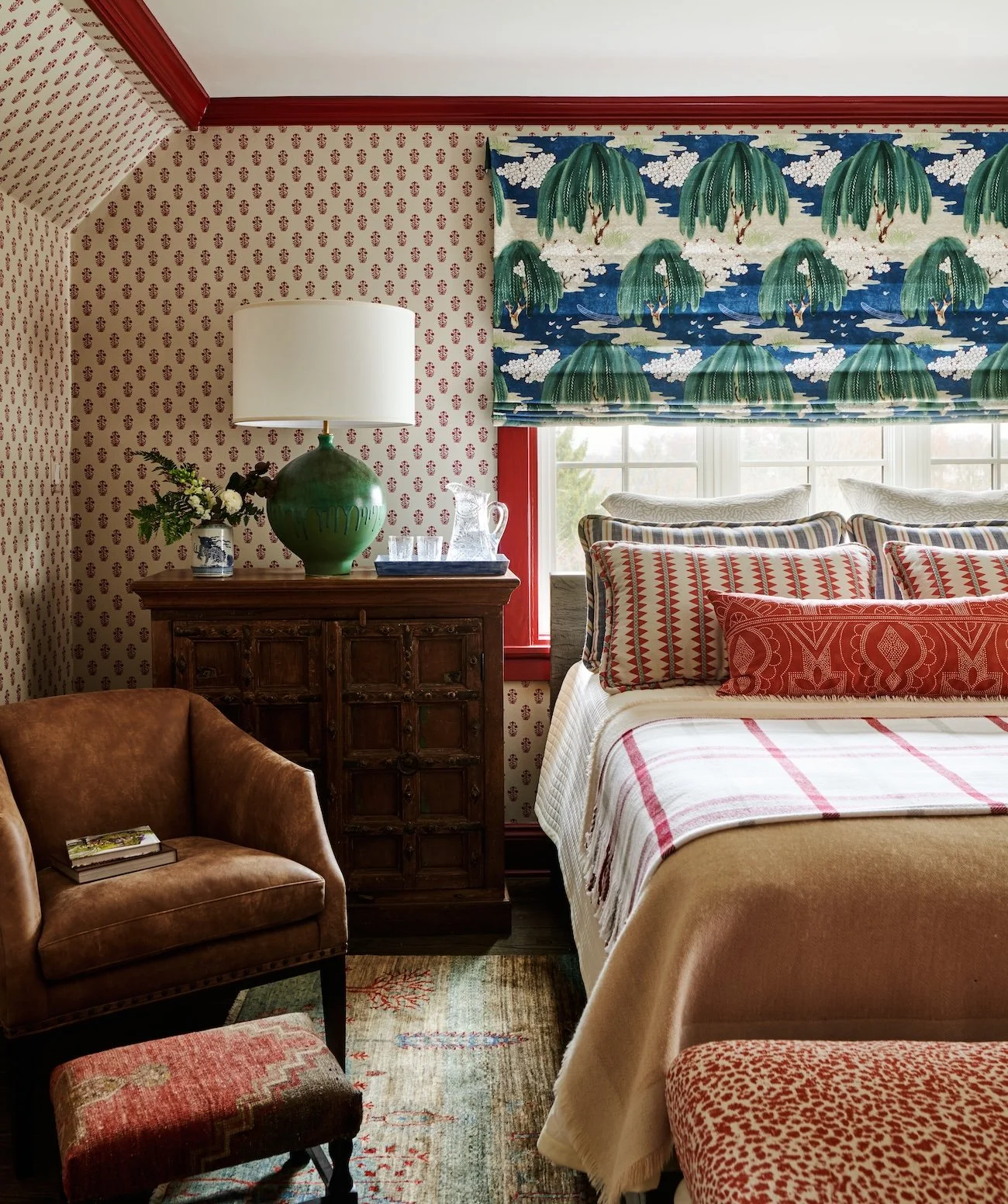 Patterned wallpaper bedroom willow tree shades red trim cozy traditional home decor